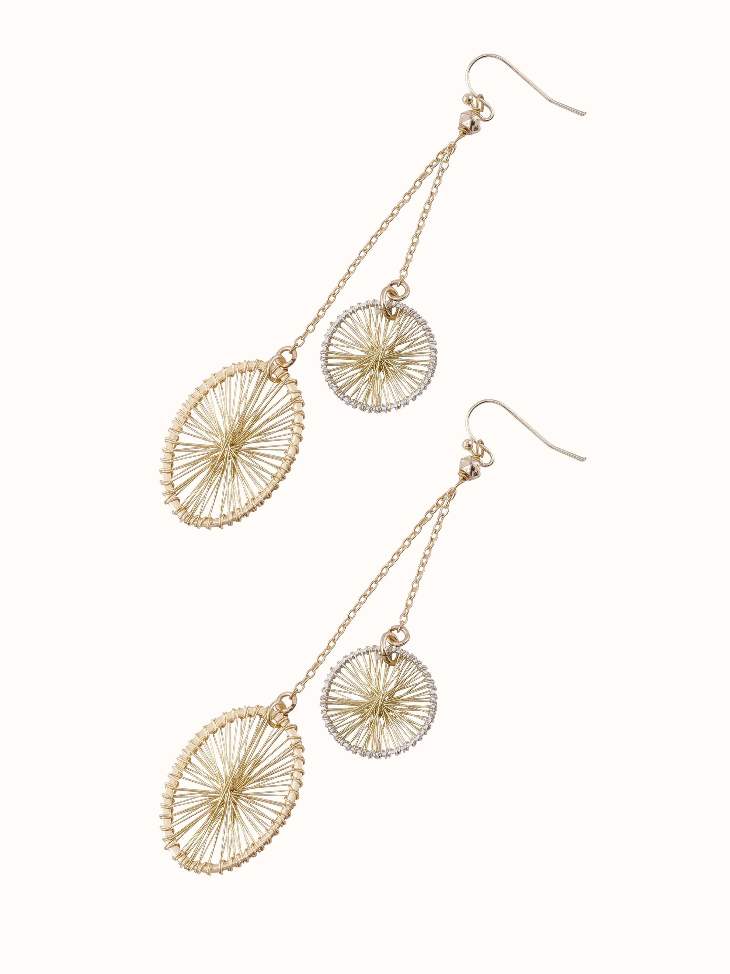 Detailed view of String Craft Drop Earrings focusing on fine string detailing and design elements.