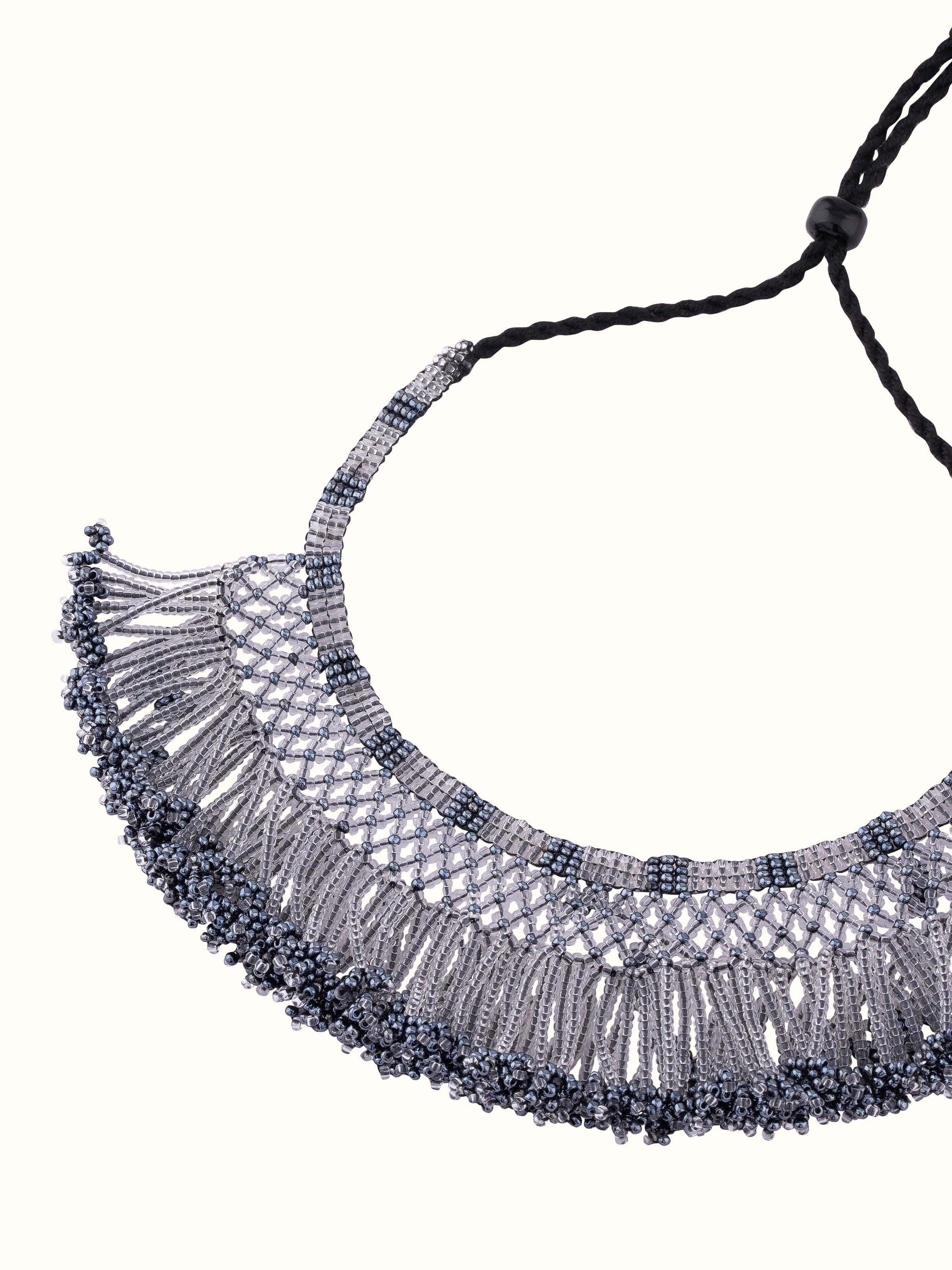 Overhead view of glass bead choker showcasing colorful patterns and elegant design