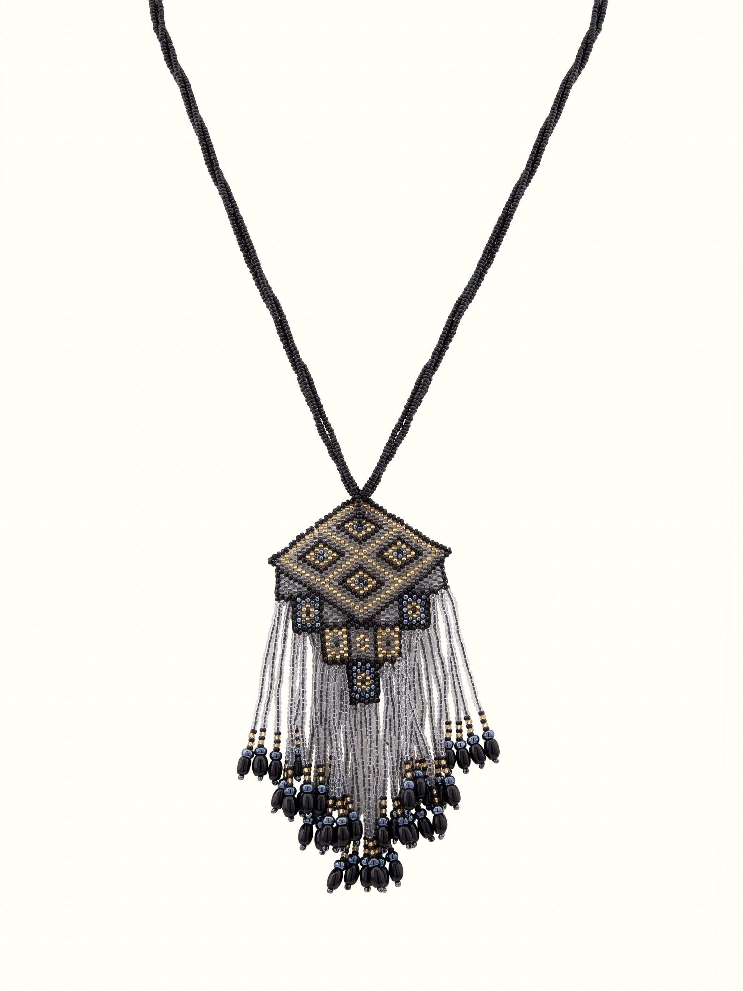 Front view of Glass Bead Long Necklace displaying vibrant beadwork and design.