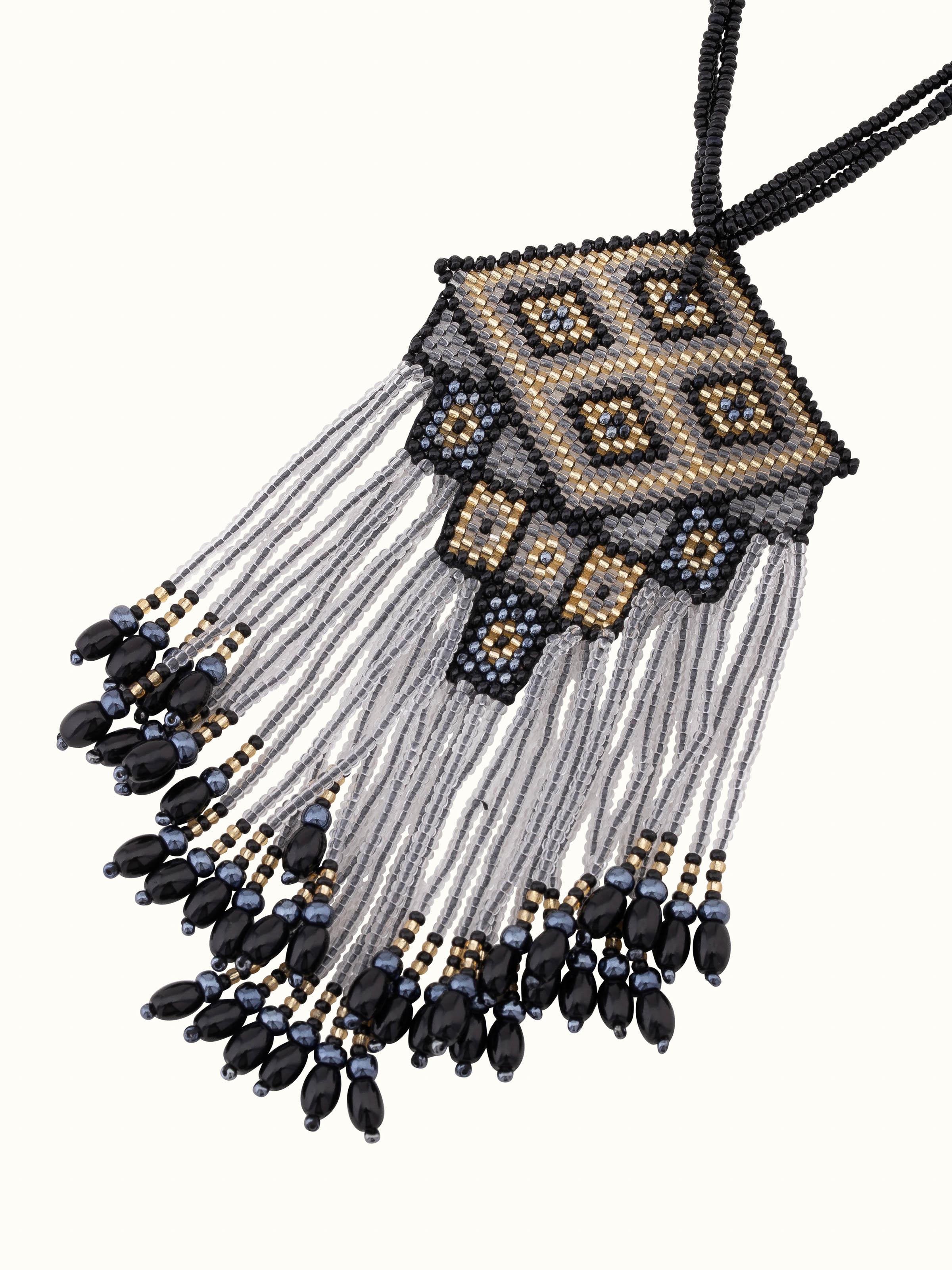 Angled view of Glass Bead Long Necklace emphasizing the intricate beadwork.