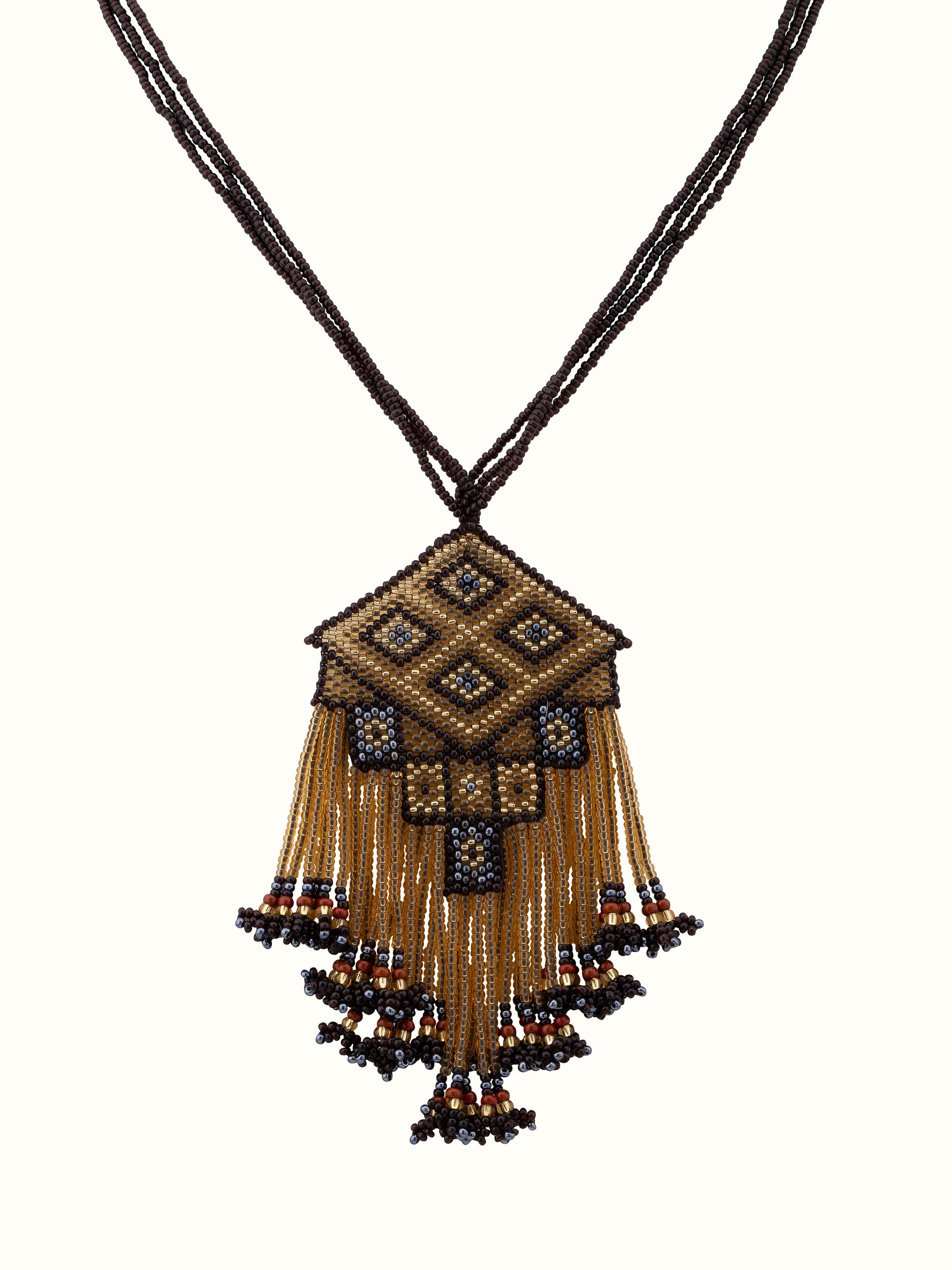 Front view of glass bead long necklace featuring vibrant glass beads and elegant design