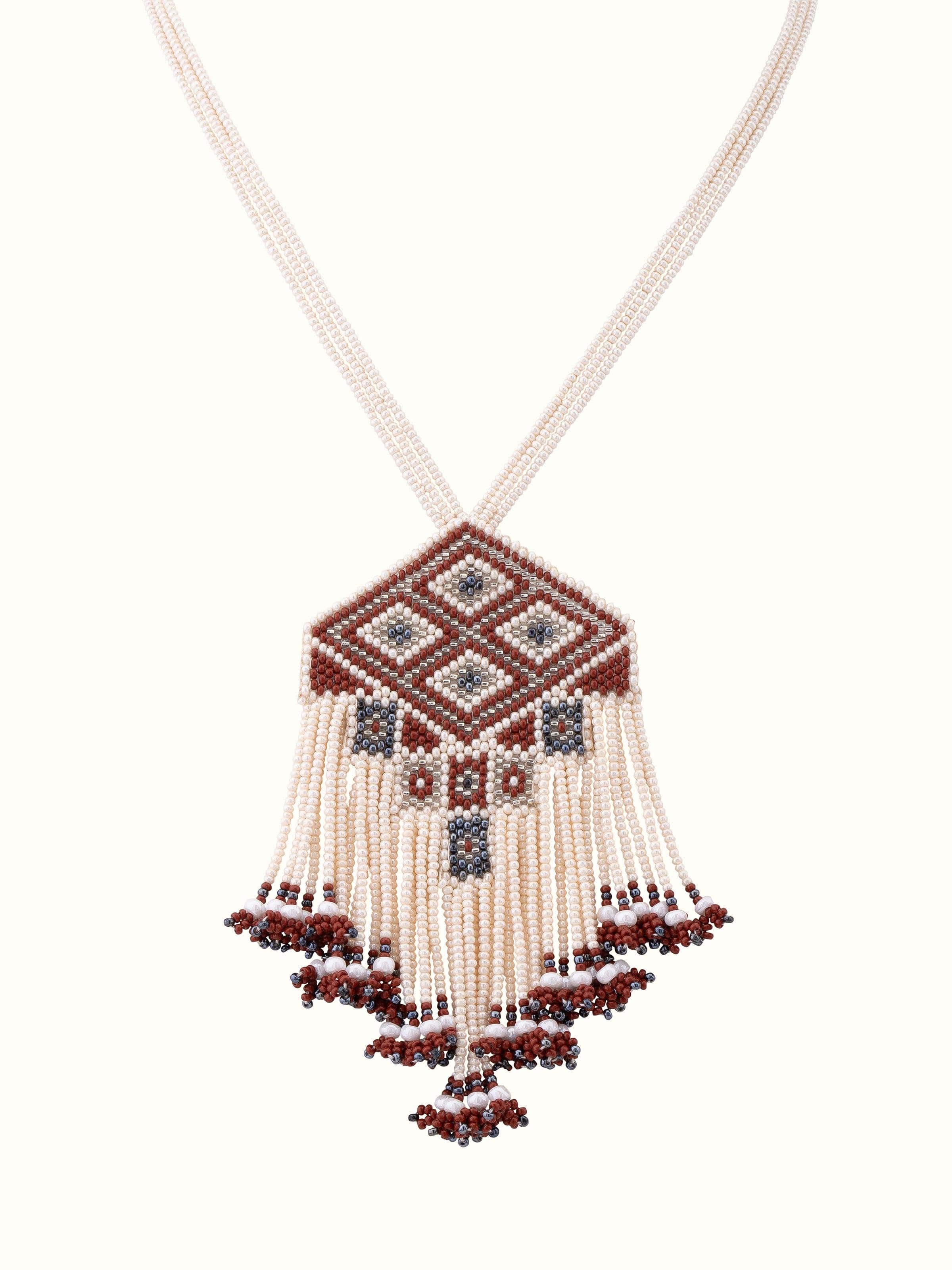 Front view of glass bead long necklace featuring a vibrant and stylish design