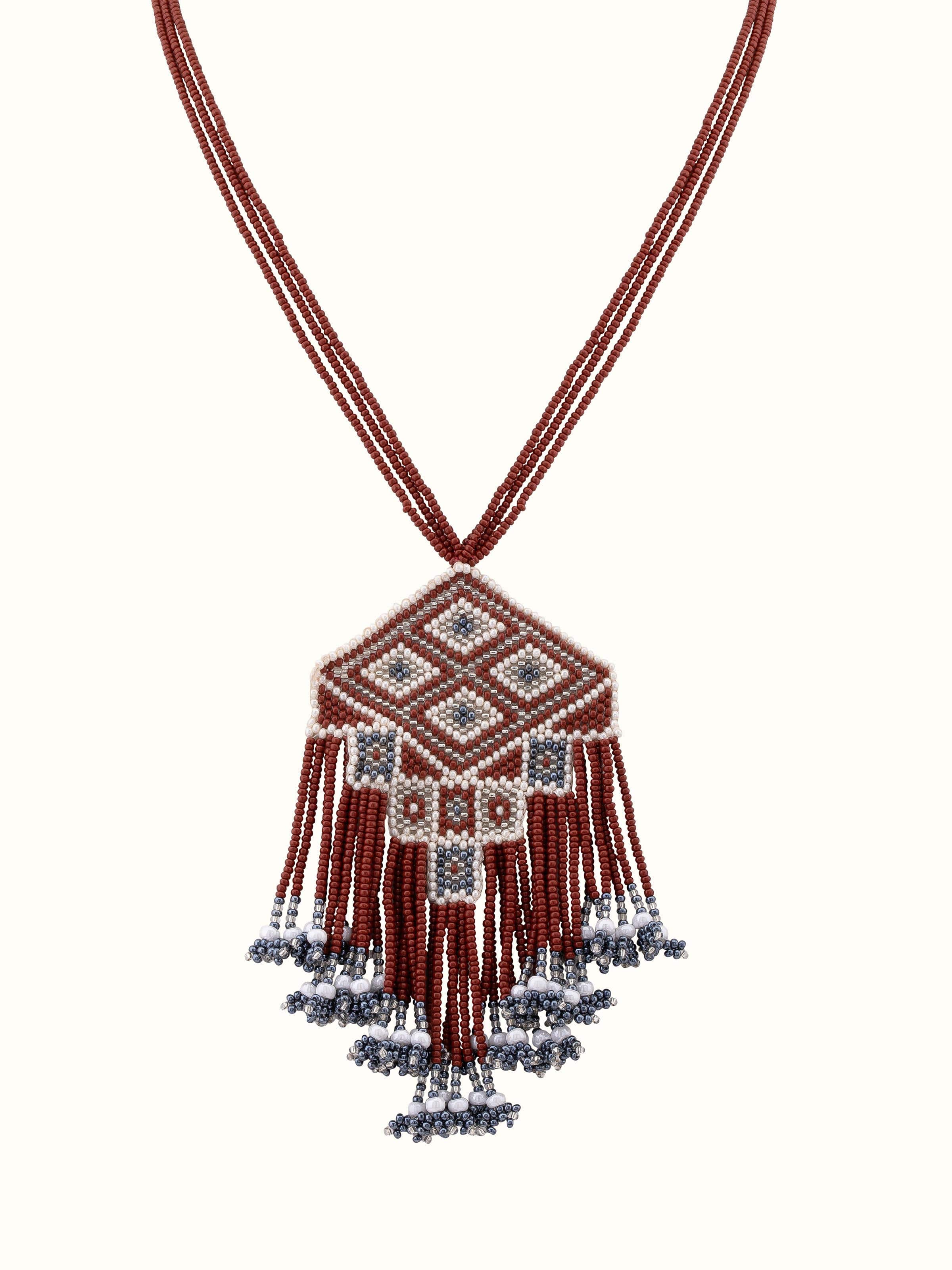 Front view of Glass Bead Long Necklace featuring colorful glass beads and elegant design.