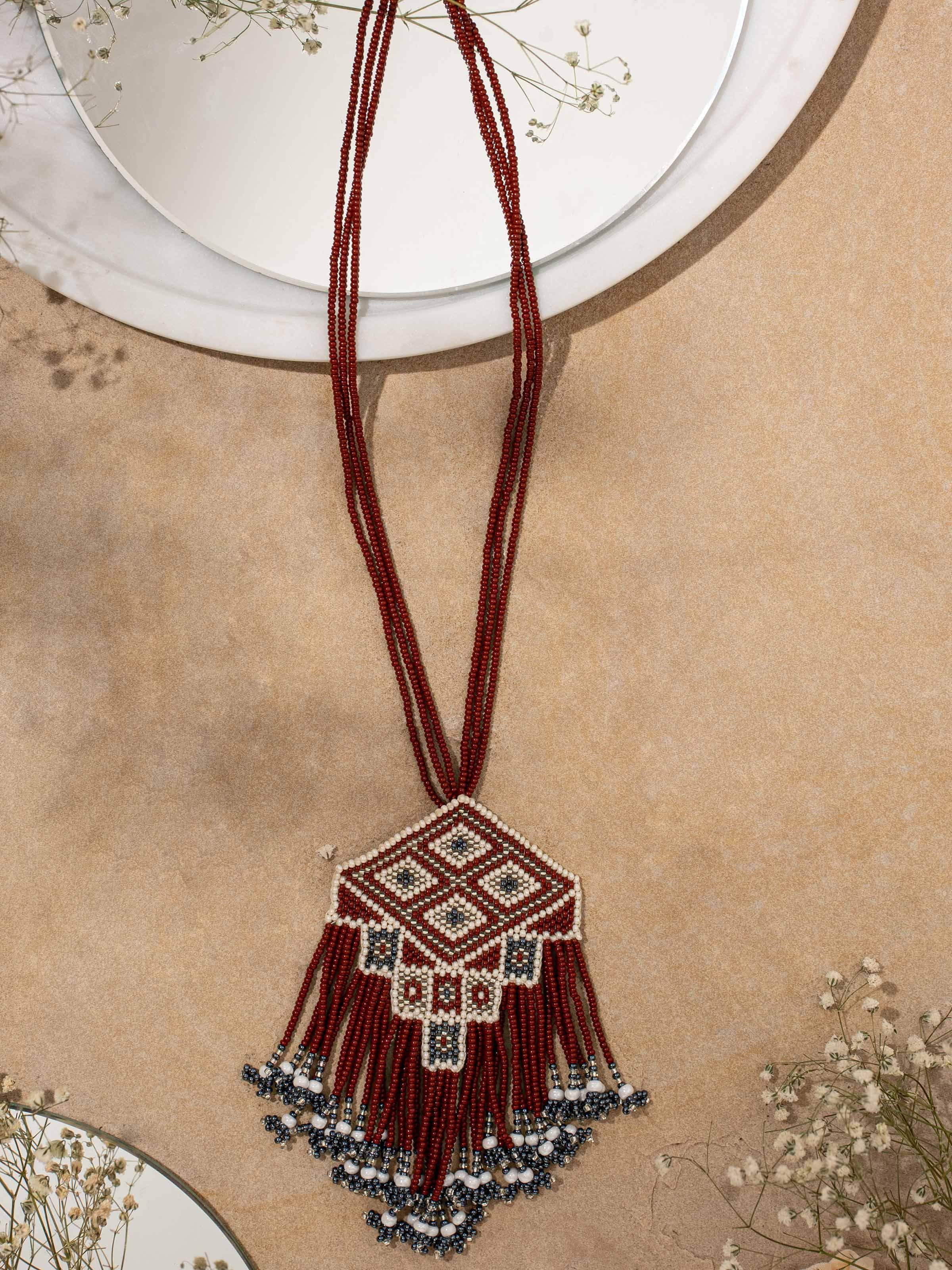 Side view of Glass Bead Long Necklace highlighting the length and design of the colorful beads.