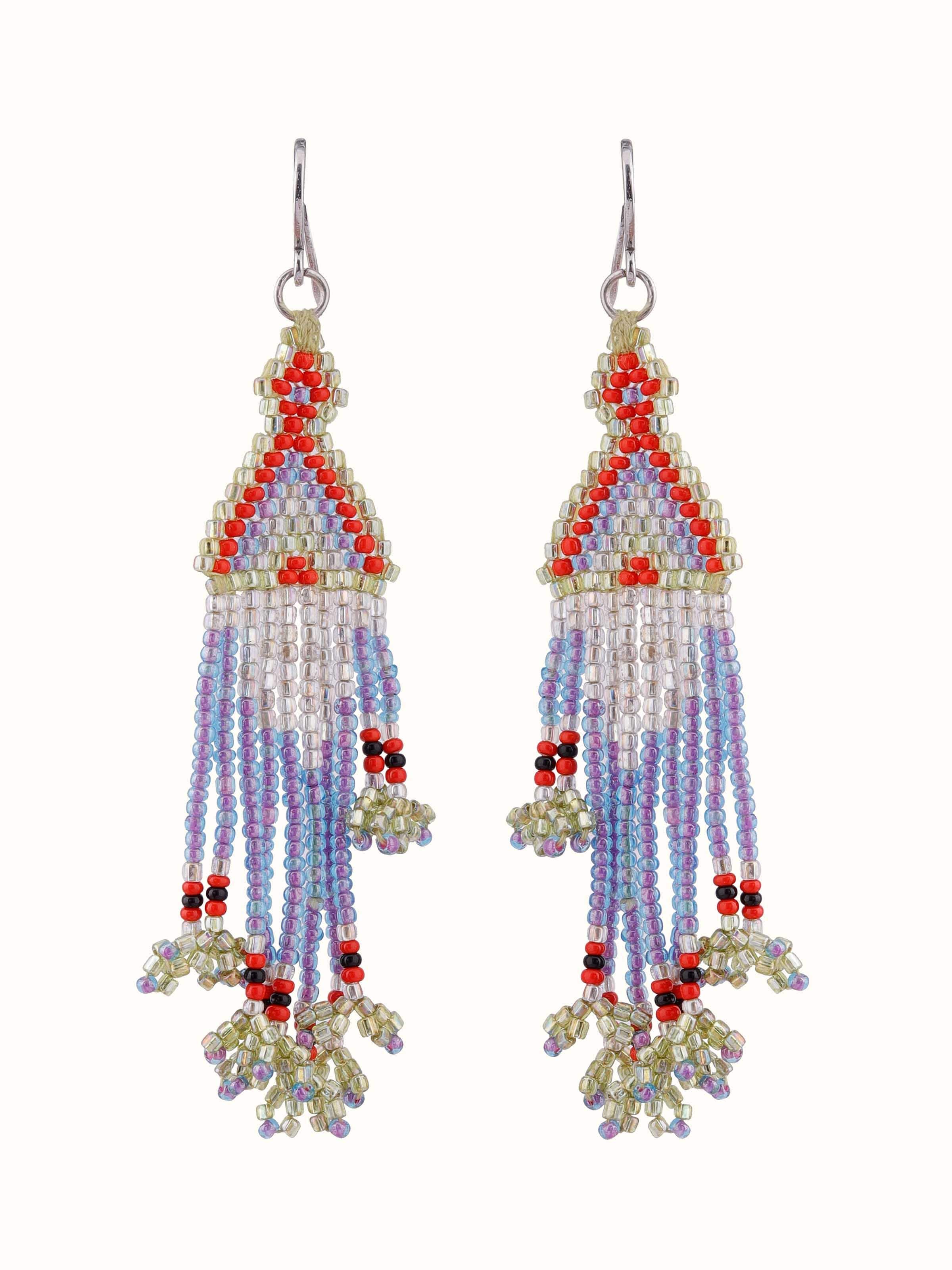 Front view of Glass bead drop earrings featuring vibrant, multicolored glass beads and elegant drop design