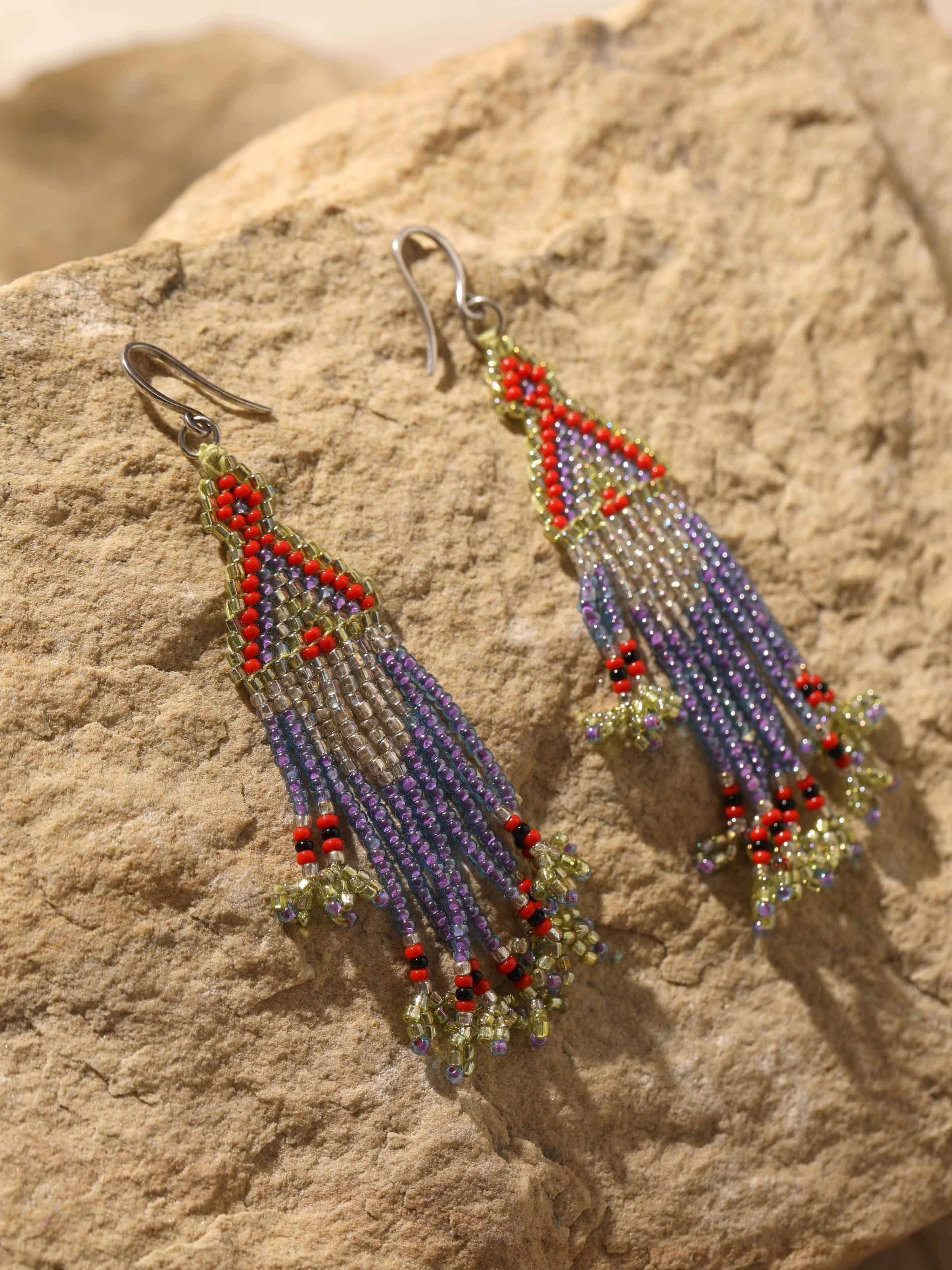 Overhead view of Glass bead drop earrings showcasing overall bead color arrangement and style