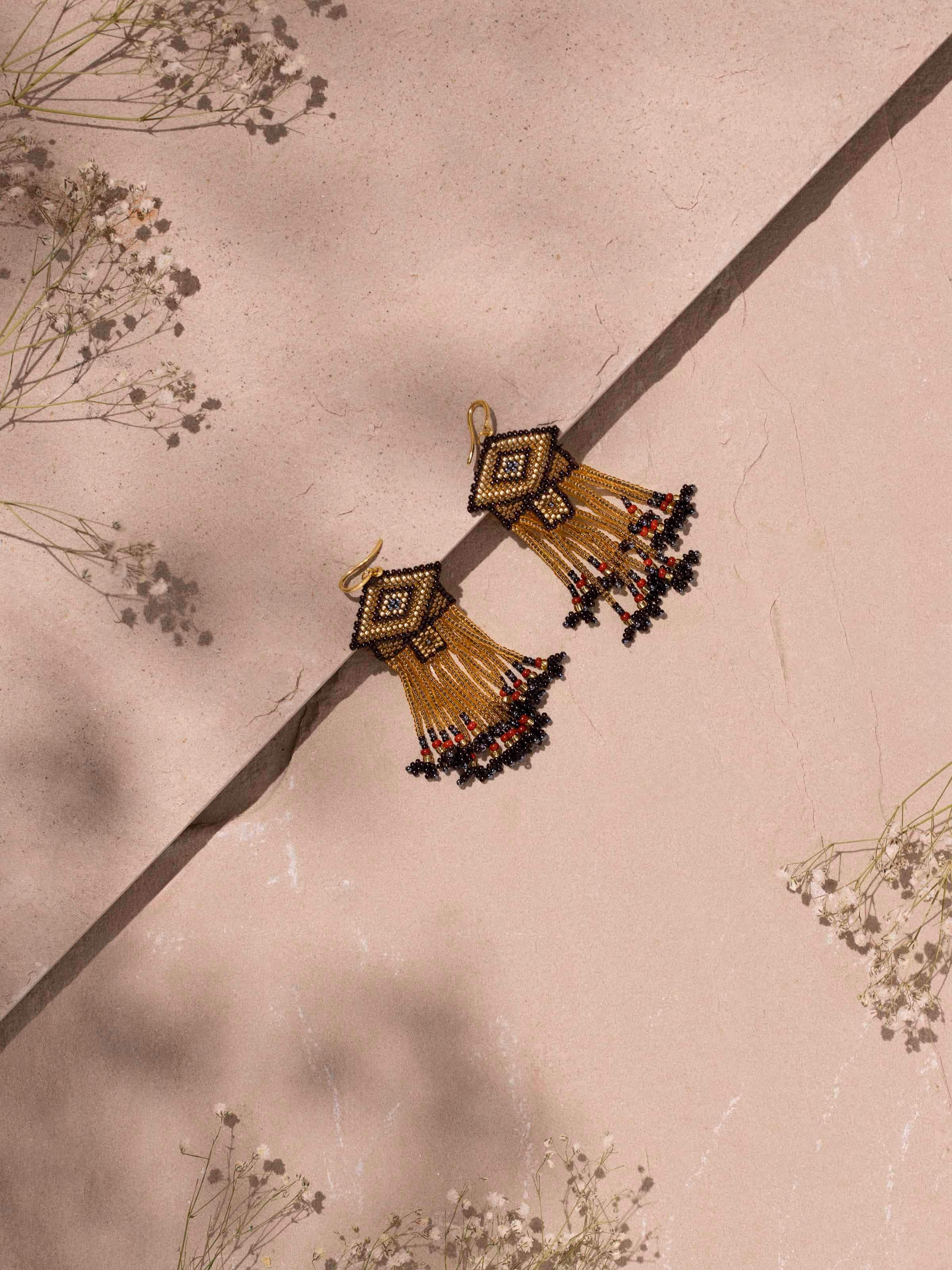 Close-up of Glass Bead Drop Earrings highlighting vibrant colors and intricate beadwork.