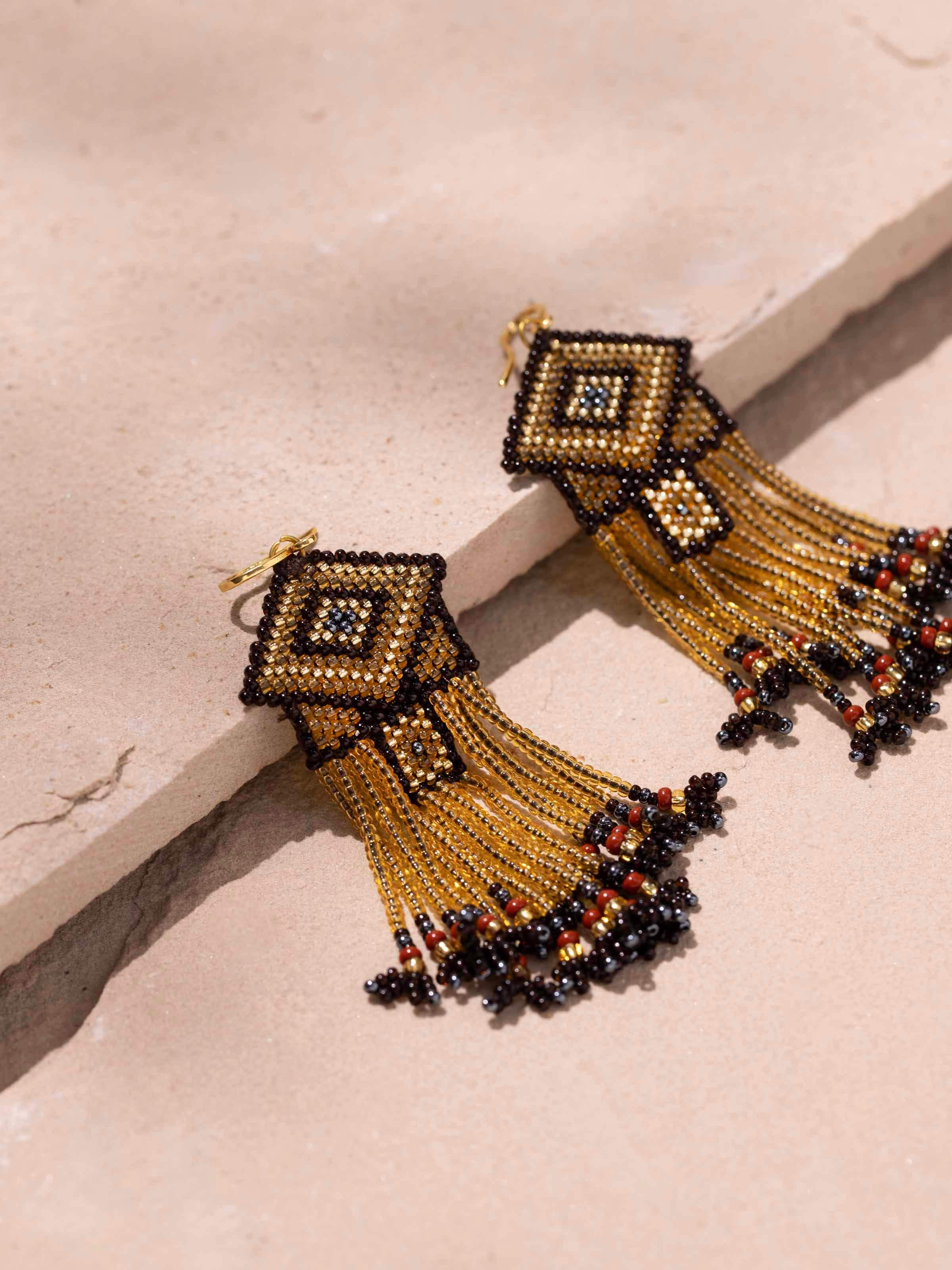 Detailed view of Glass Bead Drop Earrings highlighting the intricate bead patterns and craftsmanship.