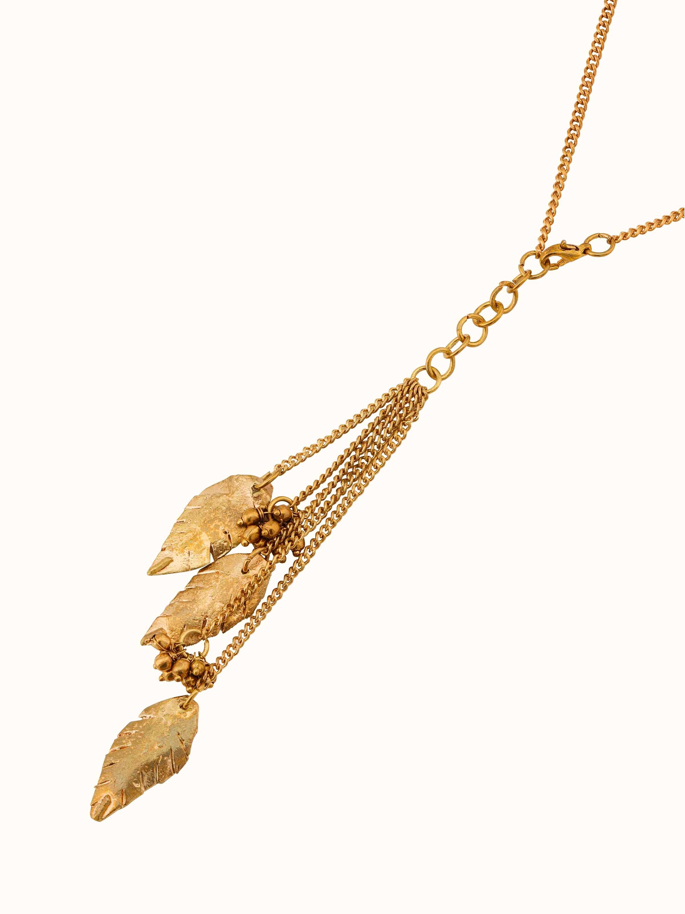 Angled view of Dhokra Pendant & Chain highlighting the unique Dhokra art and detailed chain.