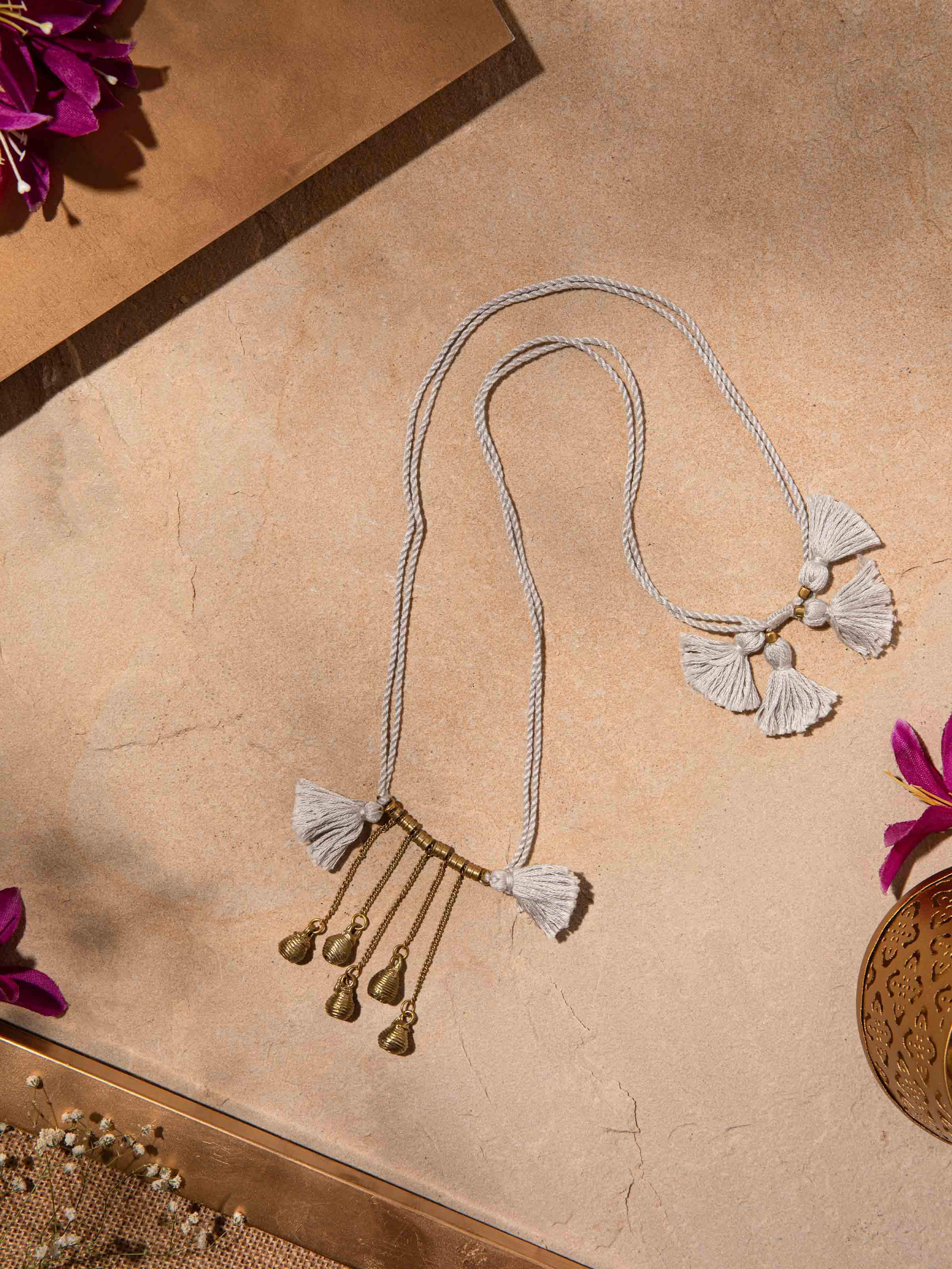 Close-up of Dhokra Long Necklace highlighting the detailed Dhokra metal patterns and craftsmanship.