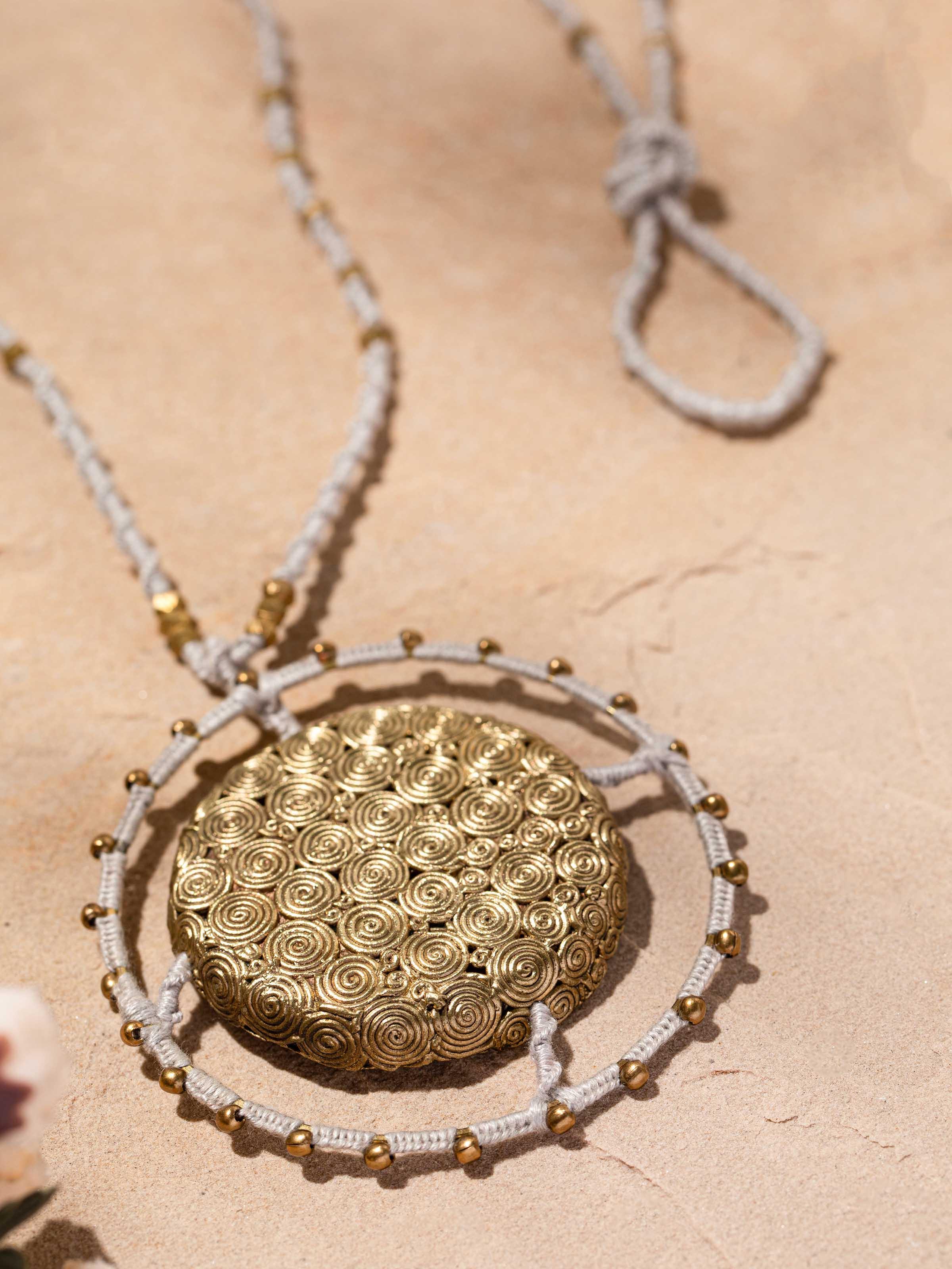 Detailed view of Dhokra Long Necklace from a distance, displaying its full length and intricate Dhokra design.