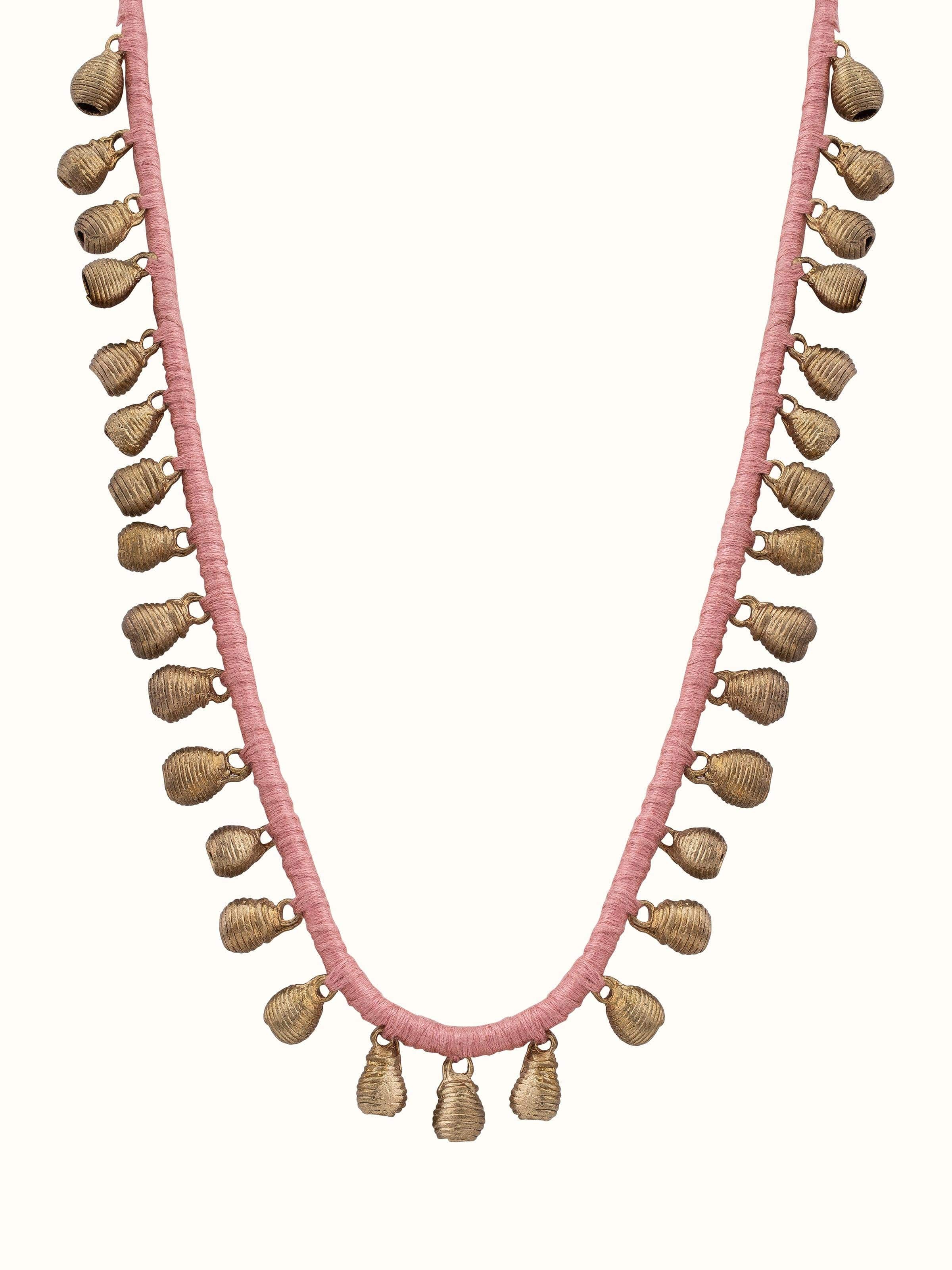 Front view of Dhokra long necklace displaying its traditional design and detailed metalwork.