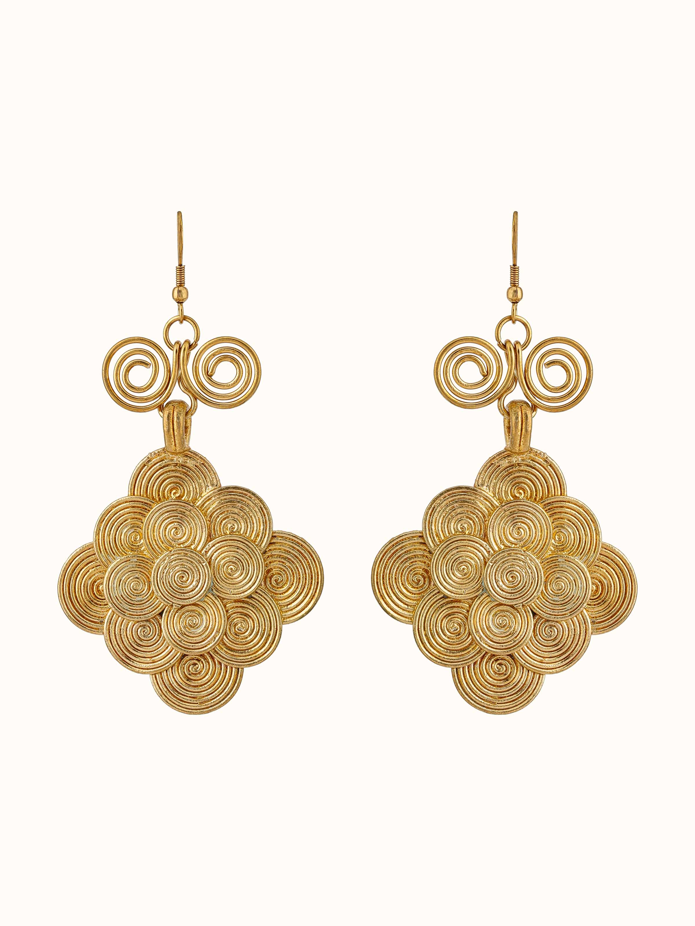 Front view of Dhokra Drop Earrings showcasing traditional handcrafted design and artistry.