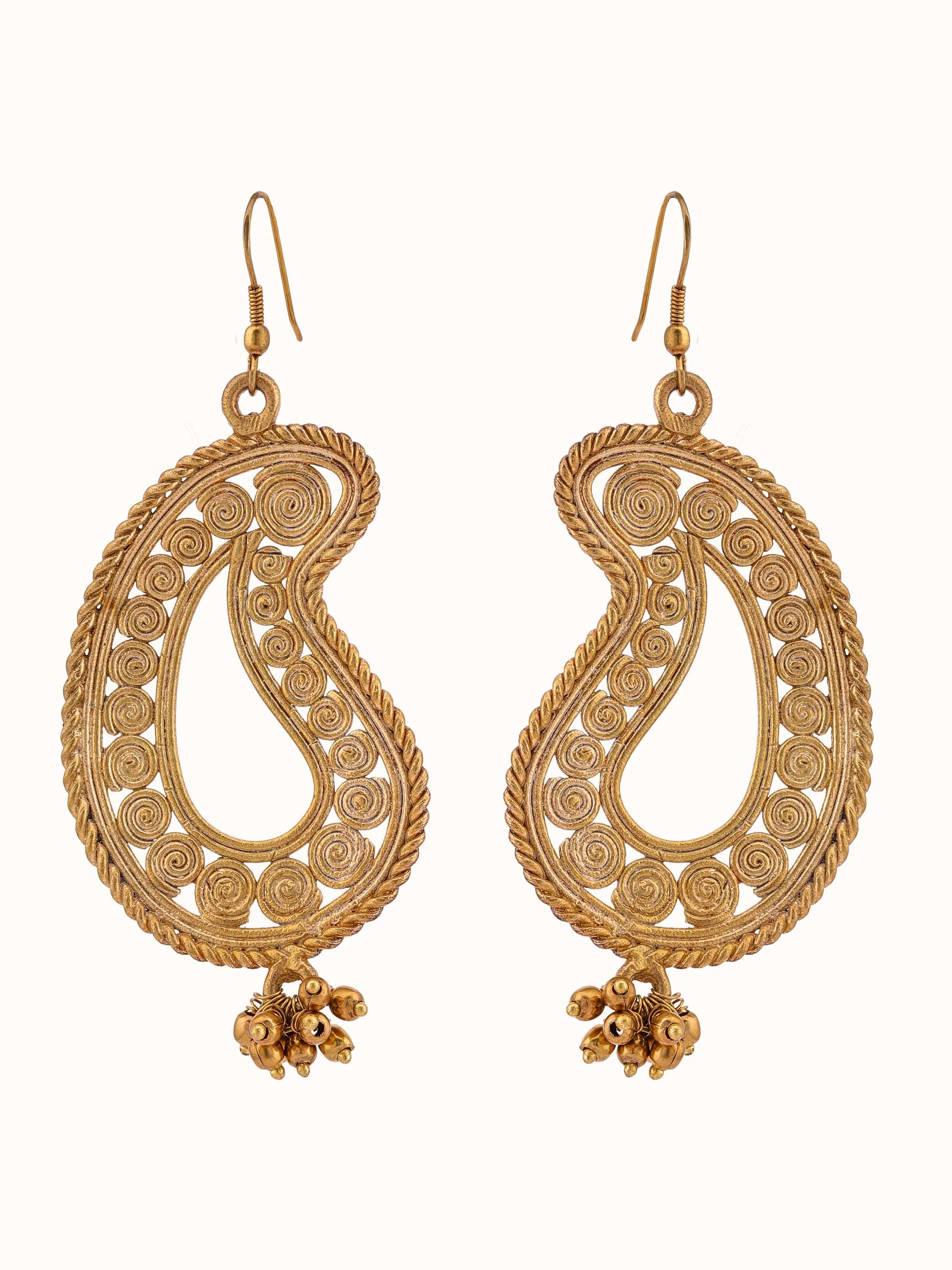 Front view of Dhokra Drop Earrings featuring traditional Dhokra metalwork with intricate designs.