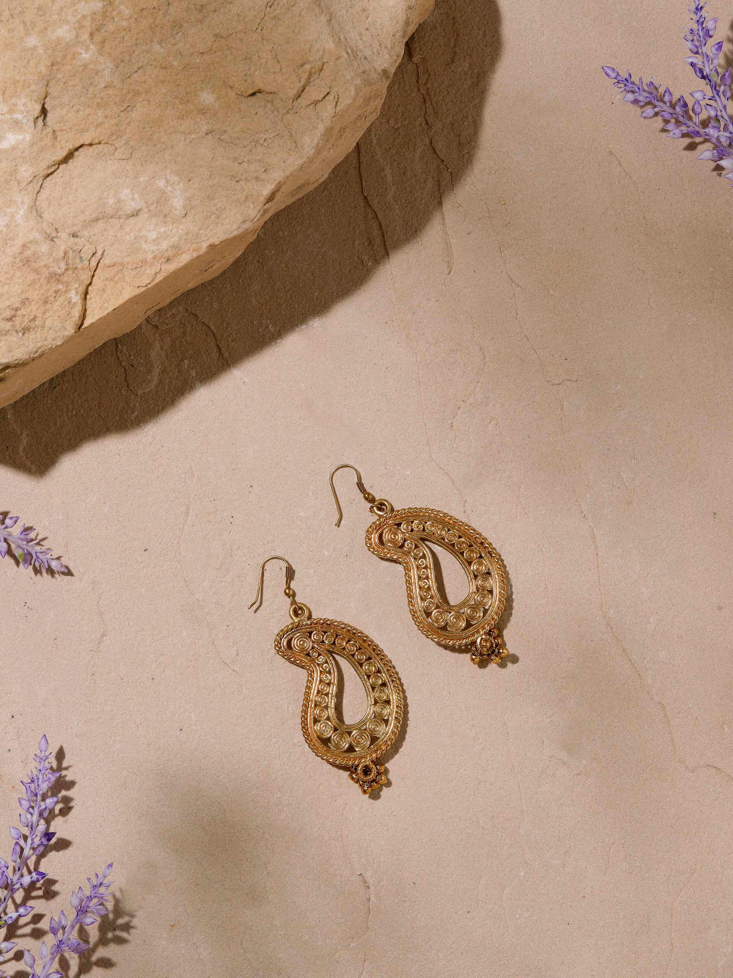 Close-up of Dhokra Drop Earrings highlighting the detailed Dhokra craftsmanship and unique design.
