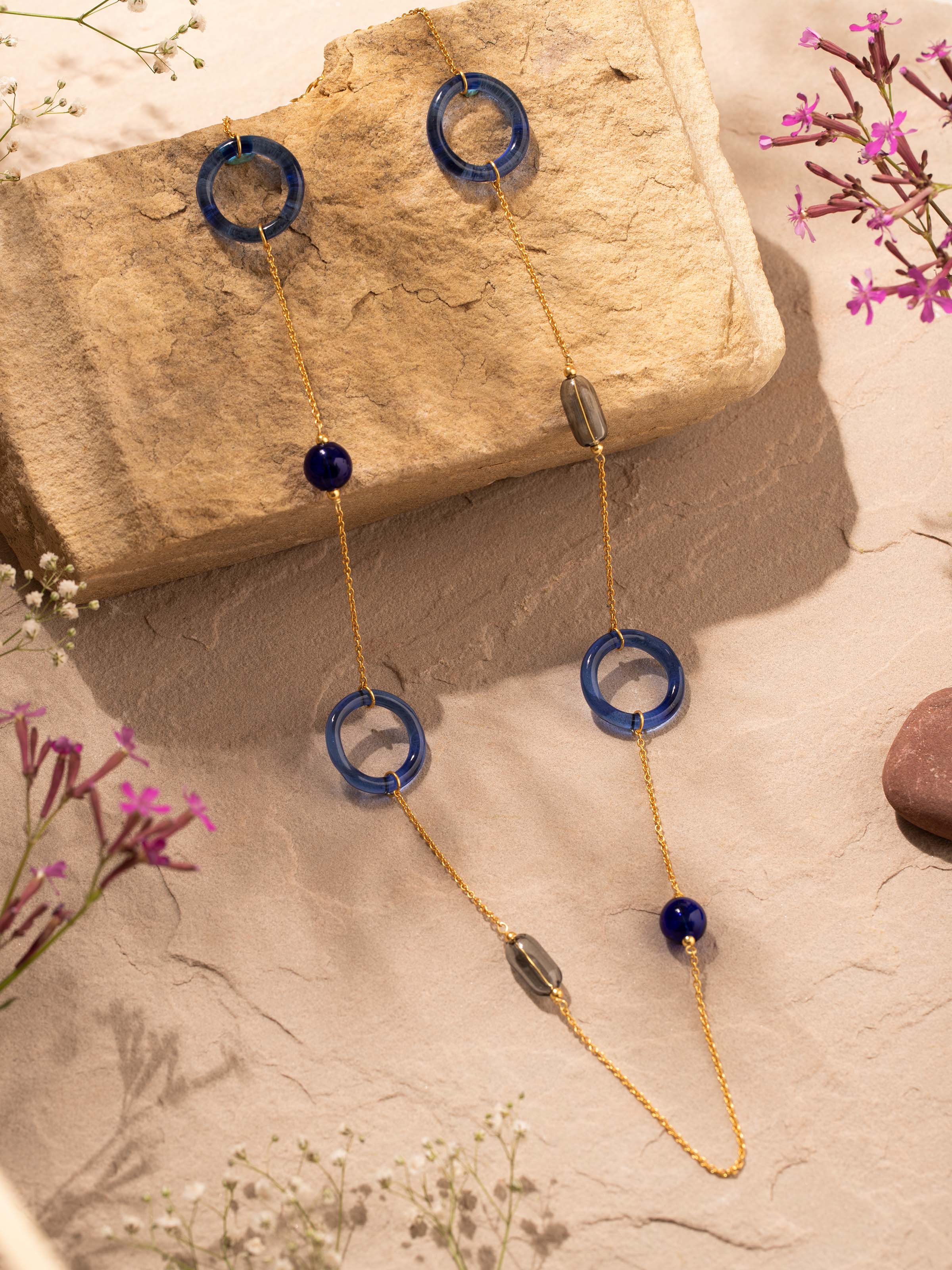 Close-up view of Silver Flame Glass Long Necklace showcasing the intricate flame glass details.