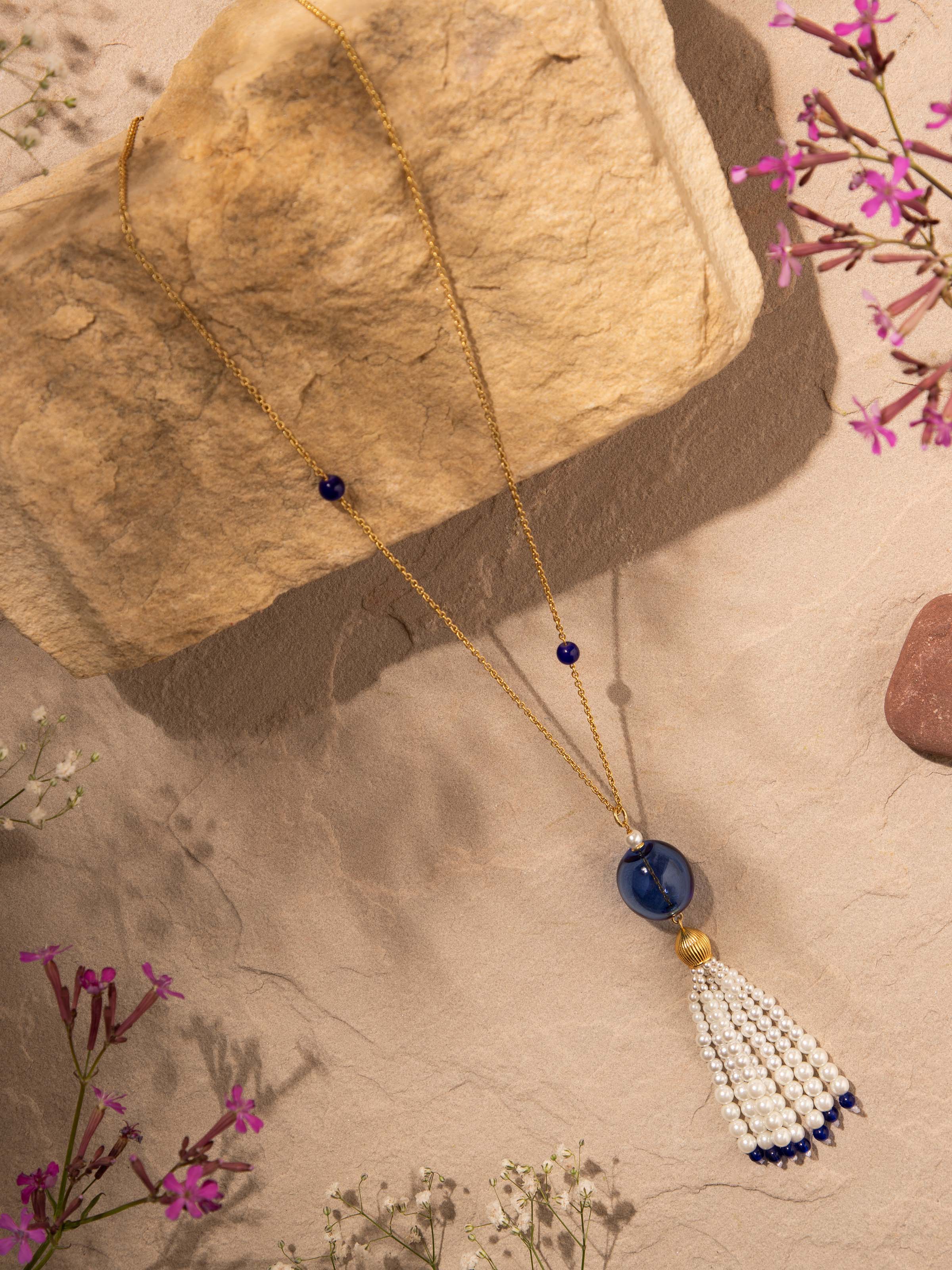 Angled view of Silver Long Necklace displaying its elegant design by Swadesh