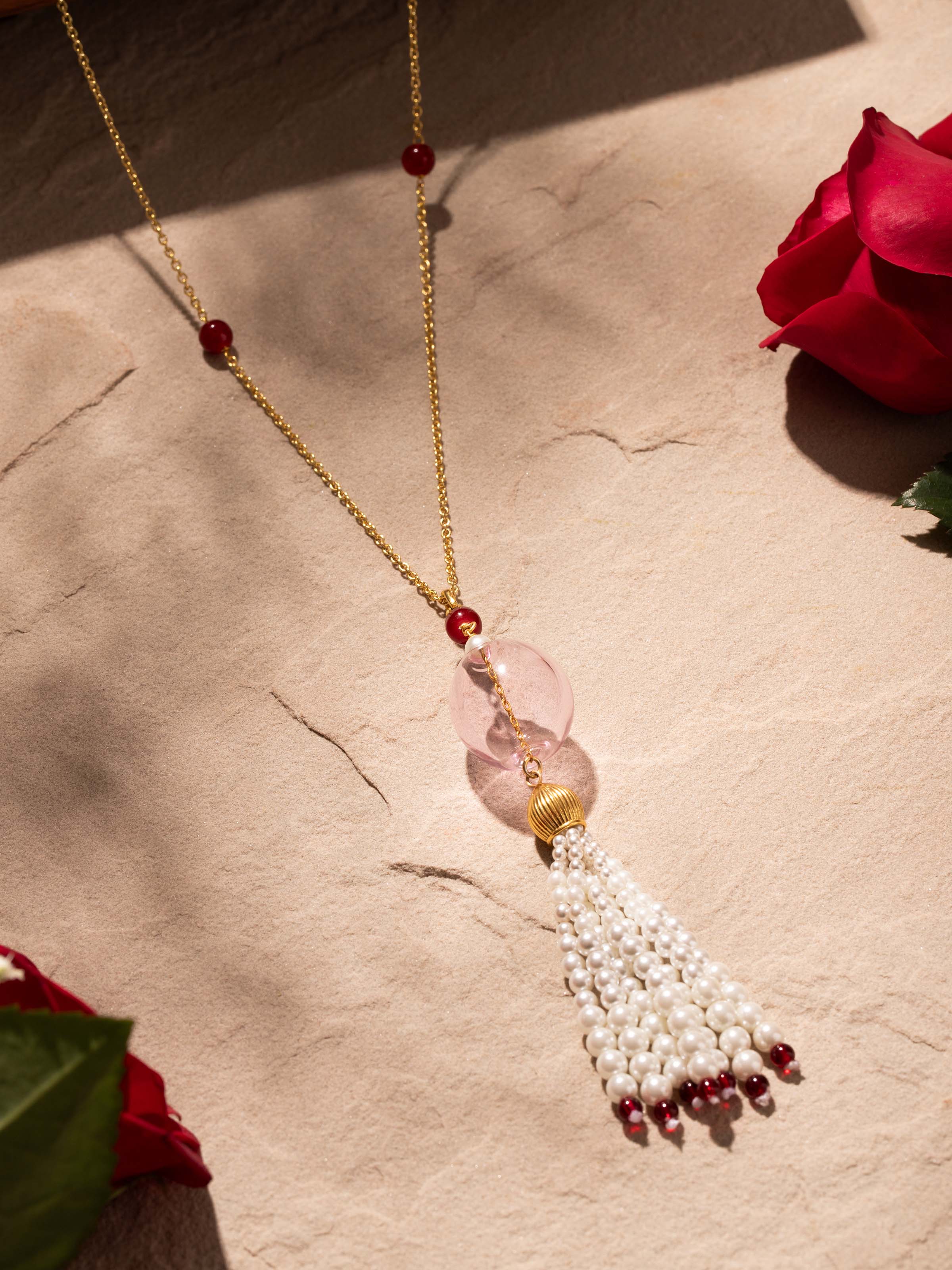 Side view of Silver Flame Glass Long Necklace highlighting the interplay of glass and silver design by Swadesh