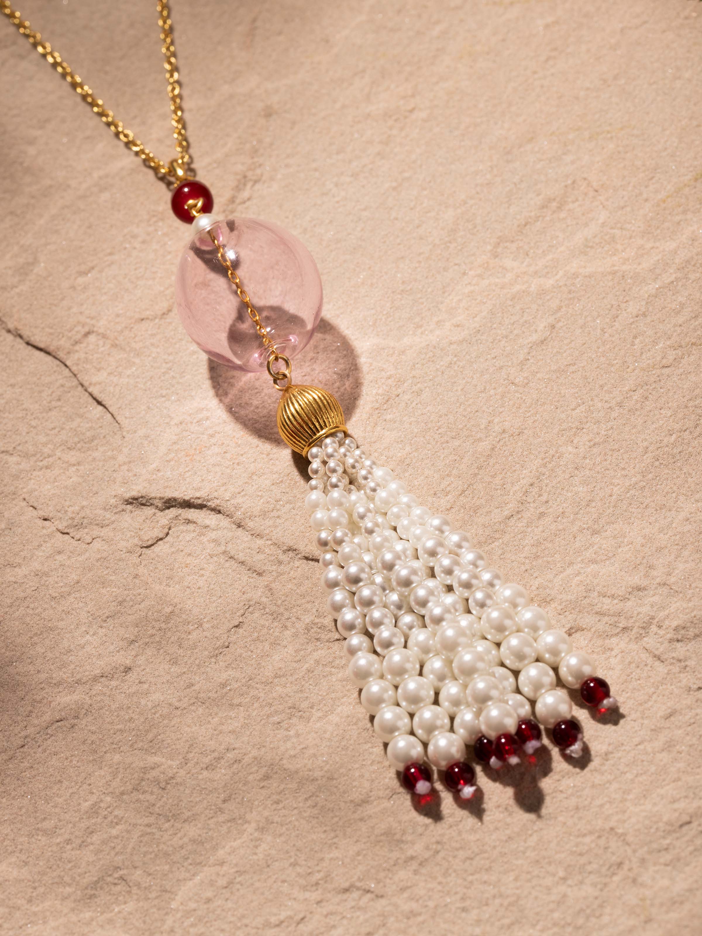 Close-up view of Silver Flame Glass Long Necklace emphasizing the detailed glass elements and fine silverwork by Swadesh