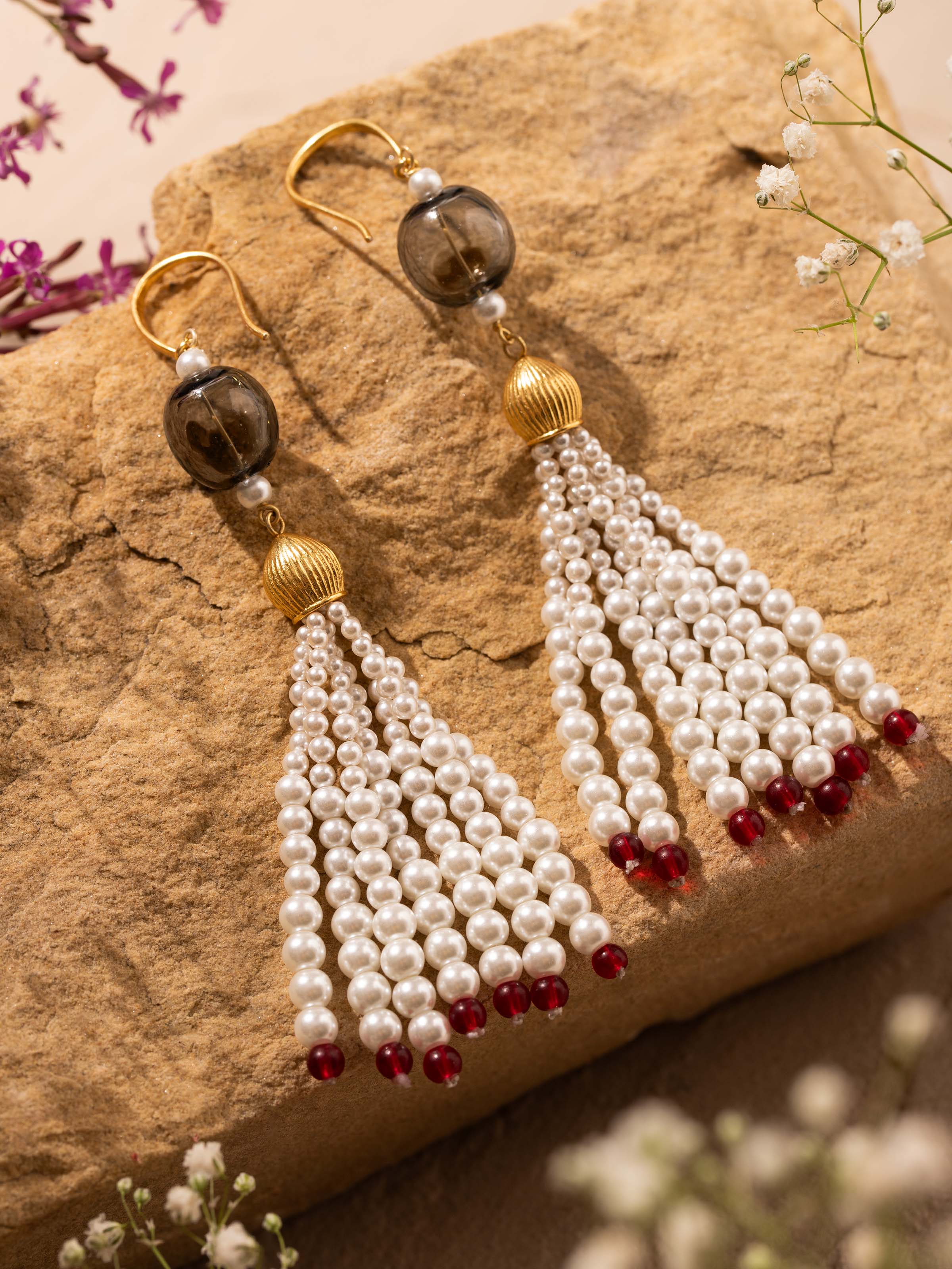 Close-up view of Silver Flame Glass Drop Earrings focusing on the glass's intricate patterns and details