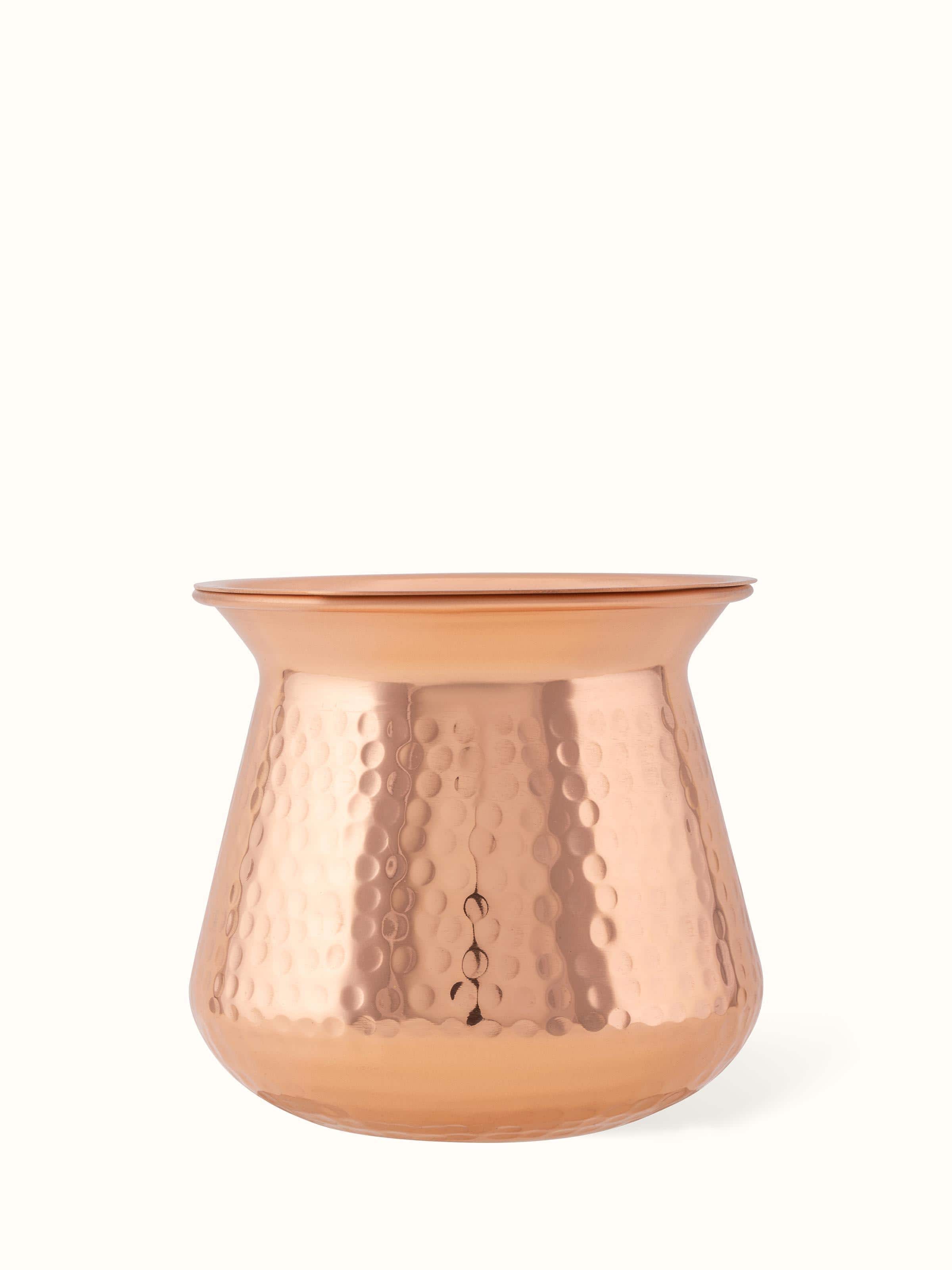 Front view of Swadesh Copper Metal Lota with Lid, highlighting its traditional design and fine craftsmanship.