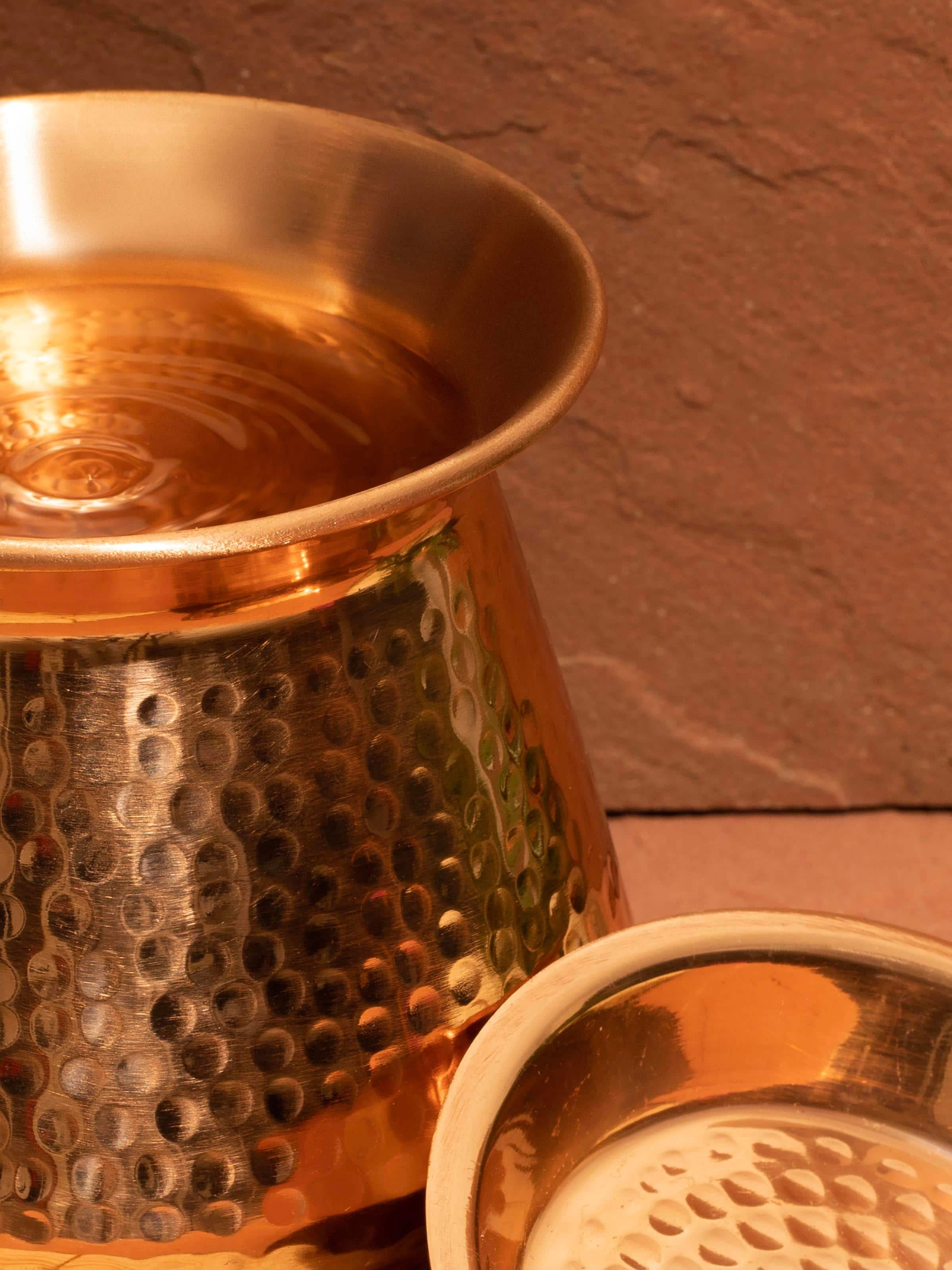 Side view of Swadesh Copper Metal Lota with Lid, focusing on its elegant finish and high-quality material.