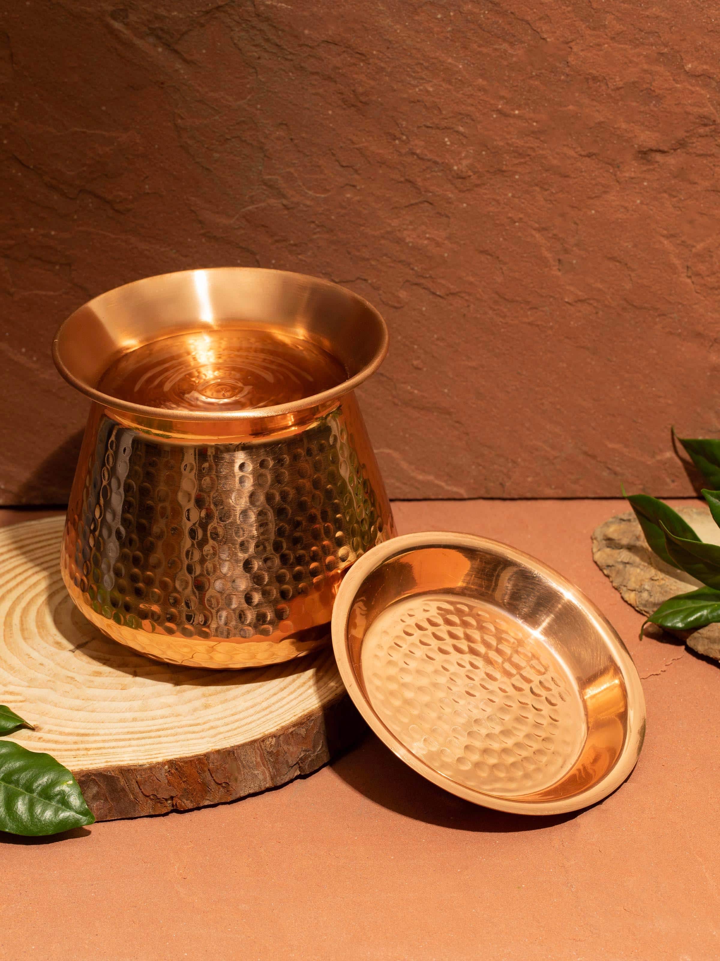 Close-up view of Swadesh Copper Metal Lota with Lid showcasing its polished surface and fine details.