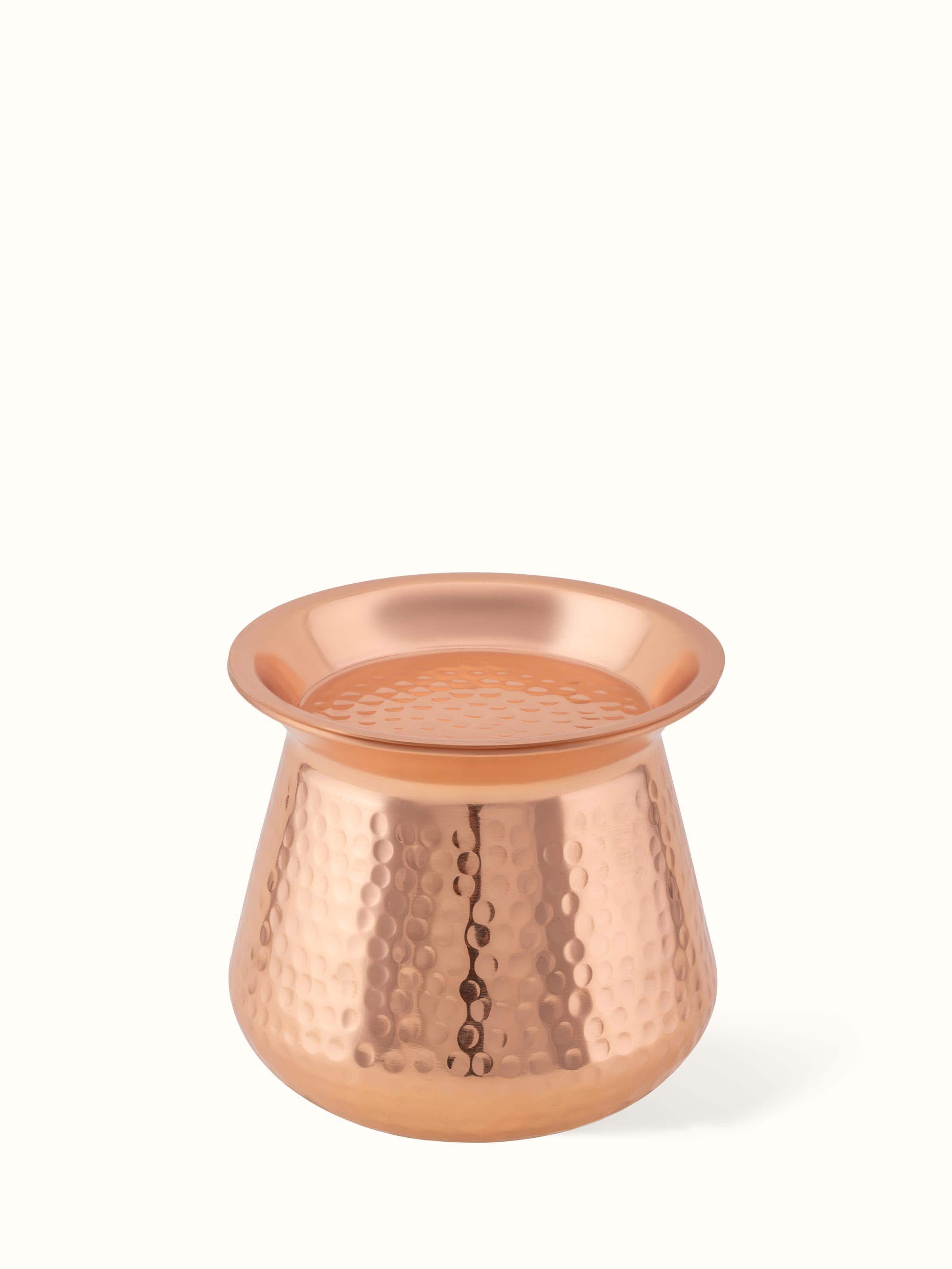 Close-up view of Swadesh Copper Metal Lota with Lid emphasizing its intricate detailing and elegant look.