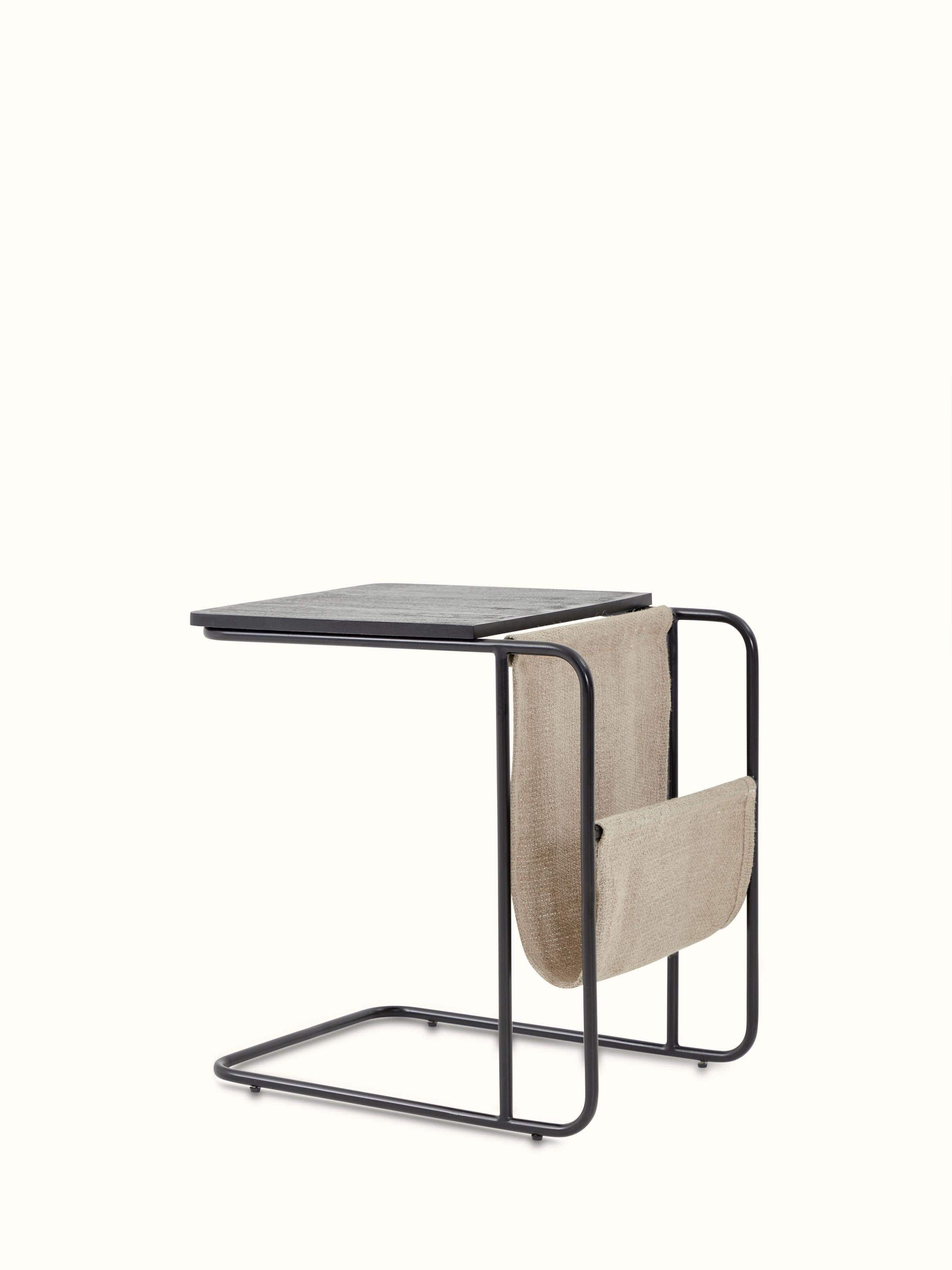 Front view of the portable table made of jute and mango wood, showcasing its design and craftsmanship.