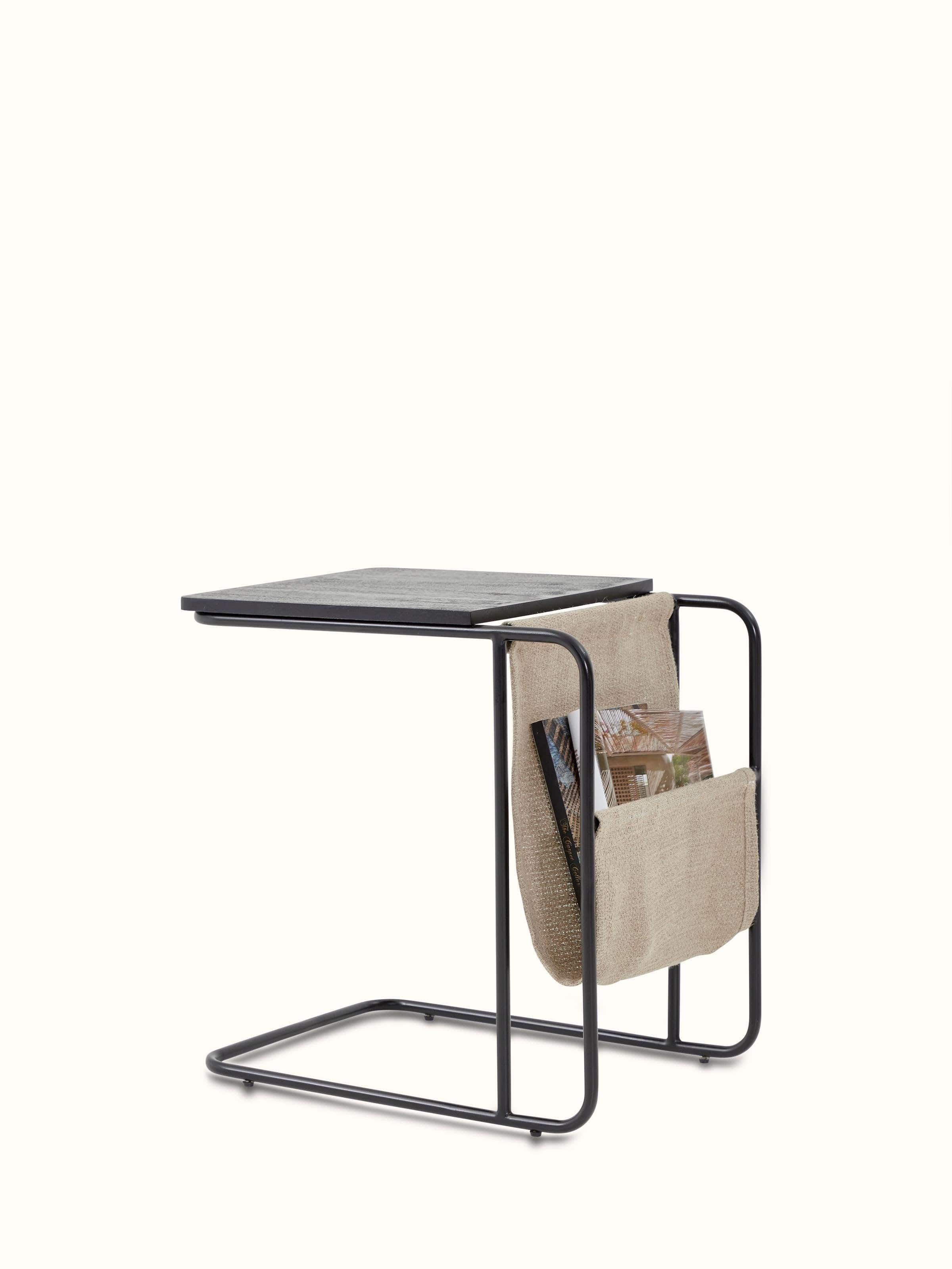 Detailed view of the jute and mango wood portable table, focusing on the texture and craftsmanship of the materials.