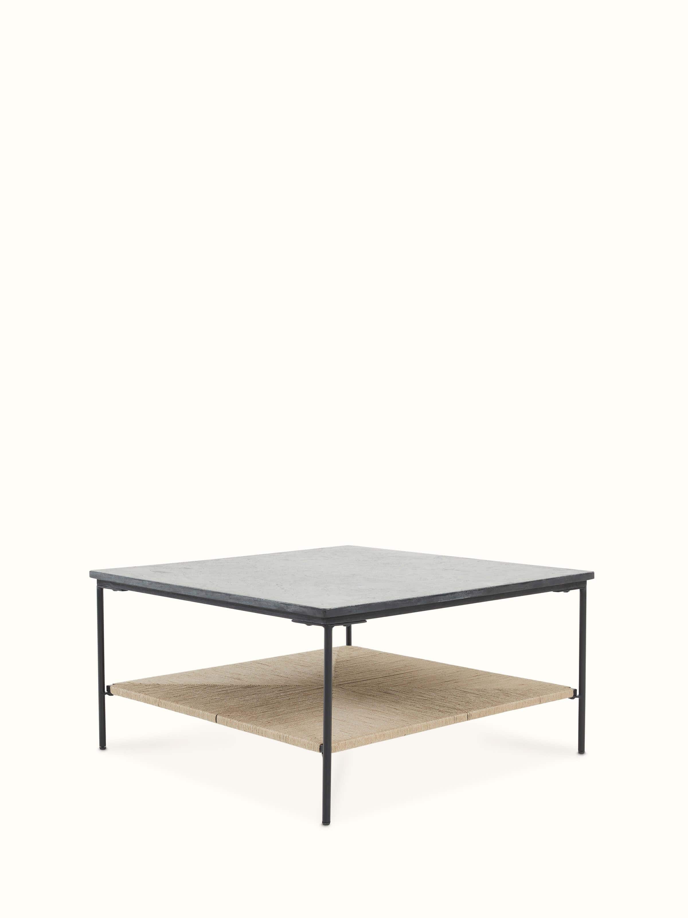 Angled view of Jute & Marble coffee table emphasizing the high-quality marble top and textured jute base for a balanced aesthetic.