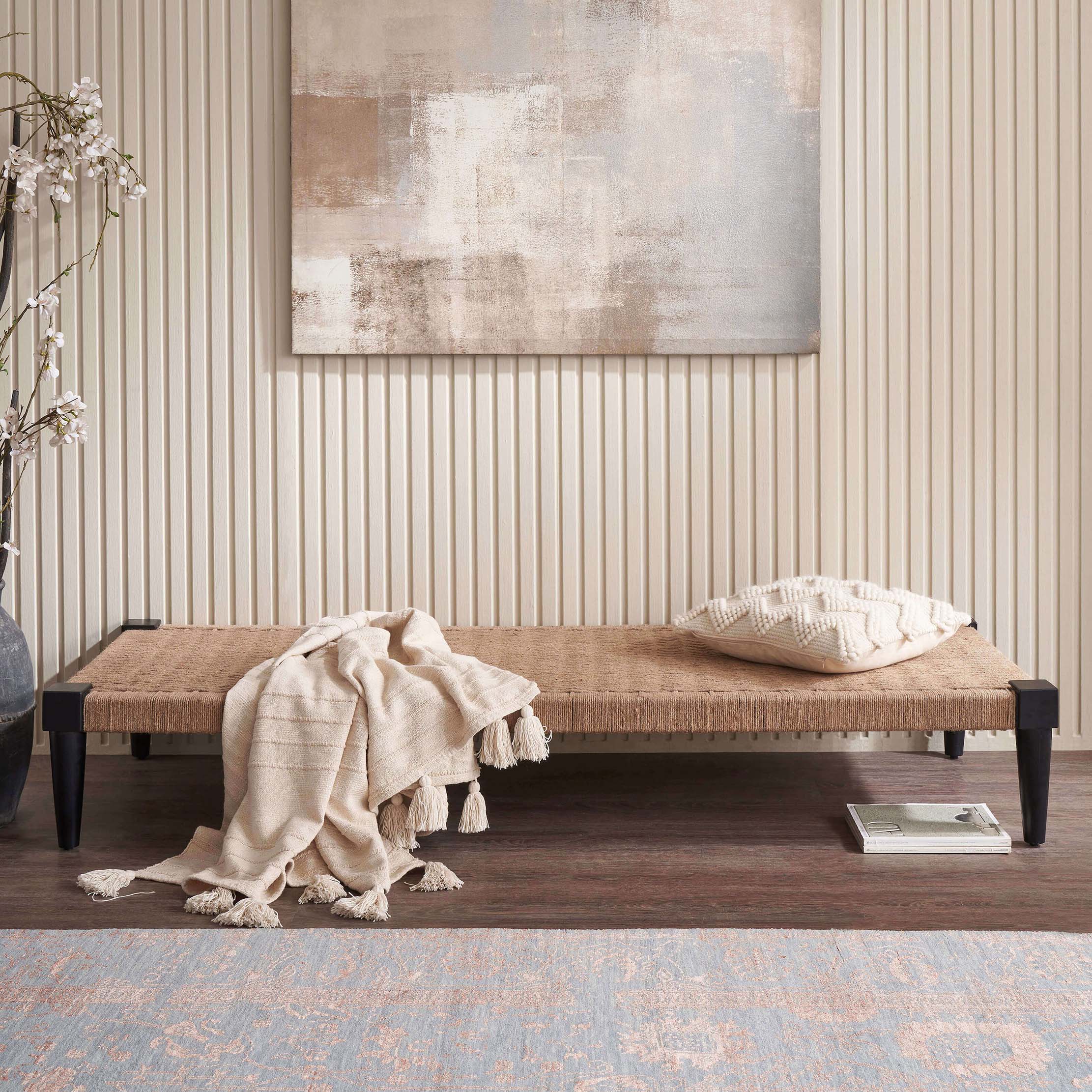 Side view of Jute & Mango Wood Daybed by Swadesh highlighting its elegant wooden frame and woven jute seating.