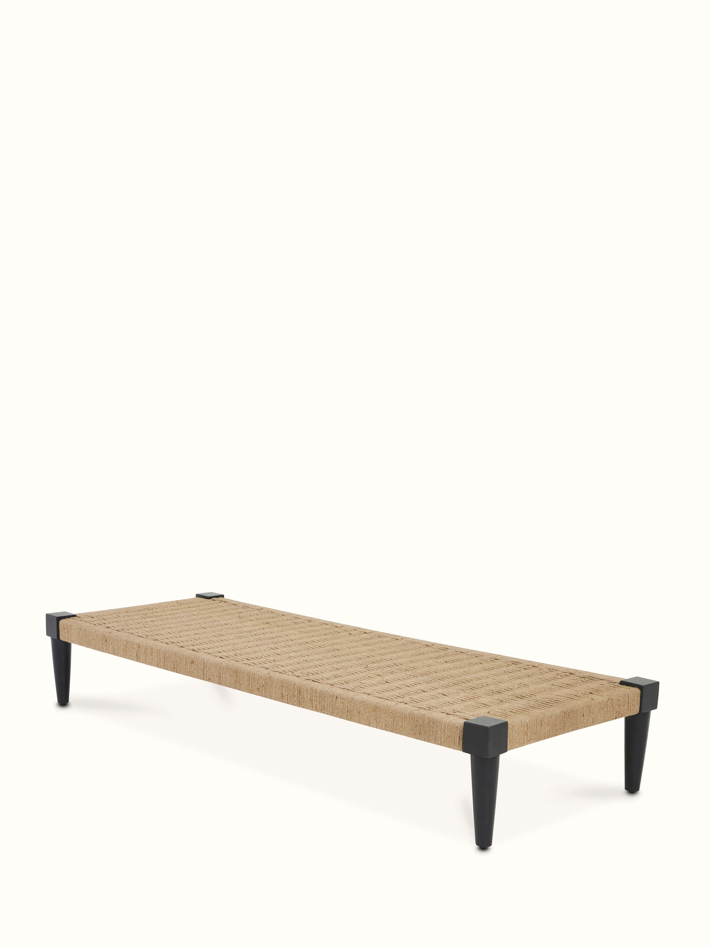 Angled view of Jute & Mango Wood Daybed by Swadesh emphasizing its minimalist design and durable build.