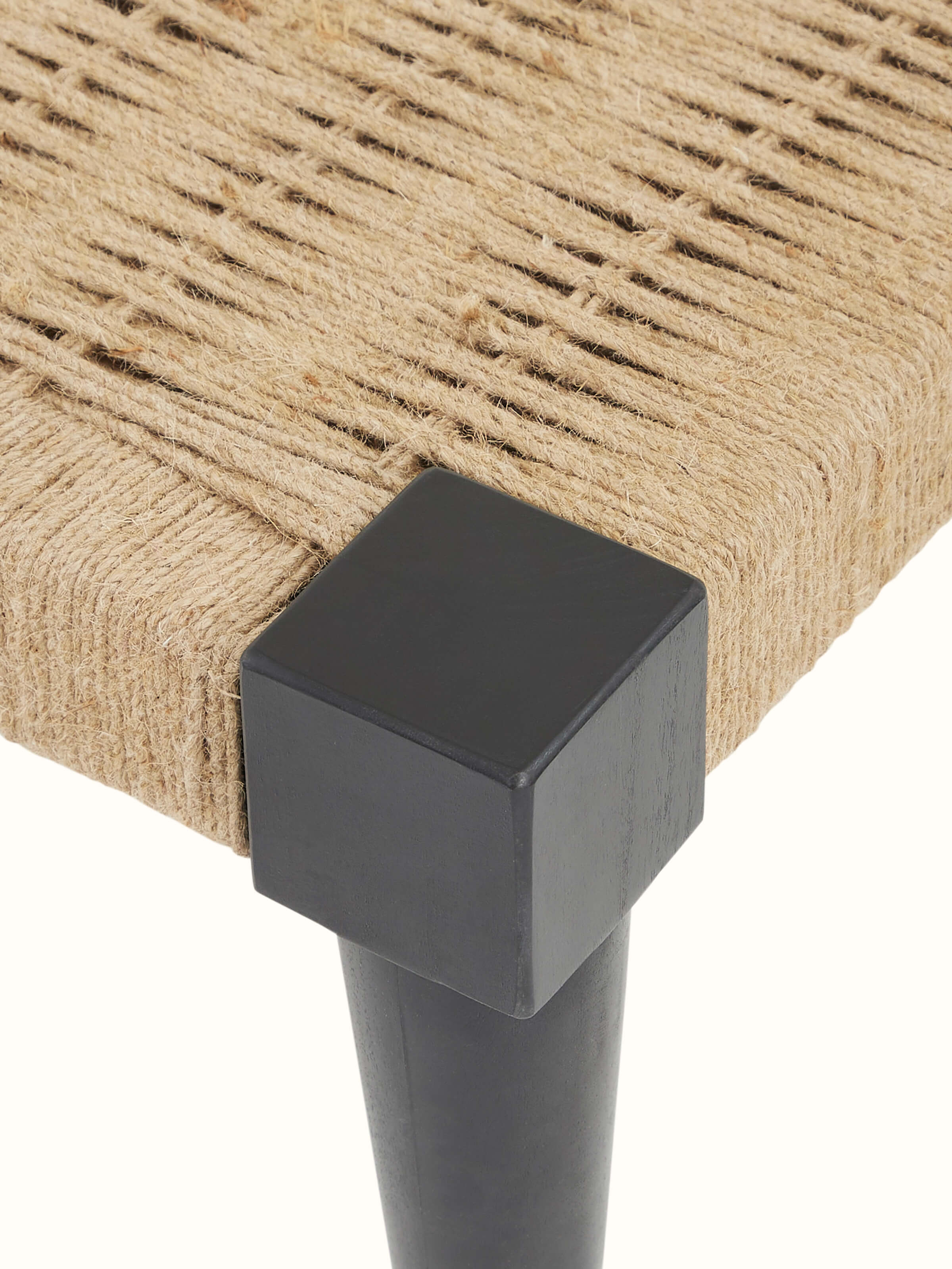 Close-up view of Jute & Mango Wood Daybed by Swadesh highlighting the finely woven jute craftsmanship.