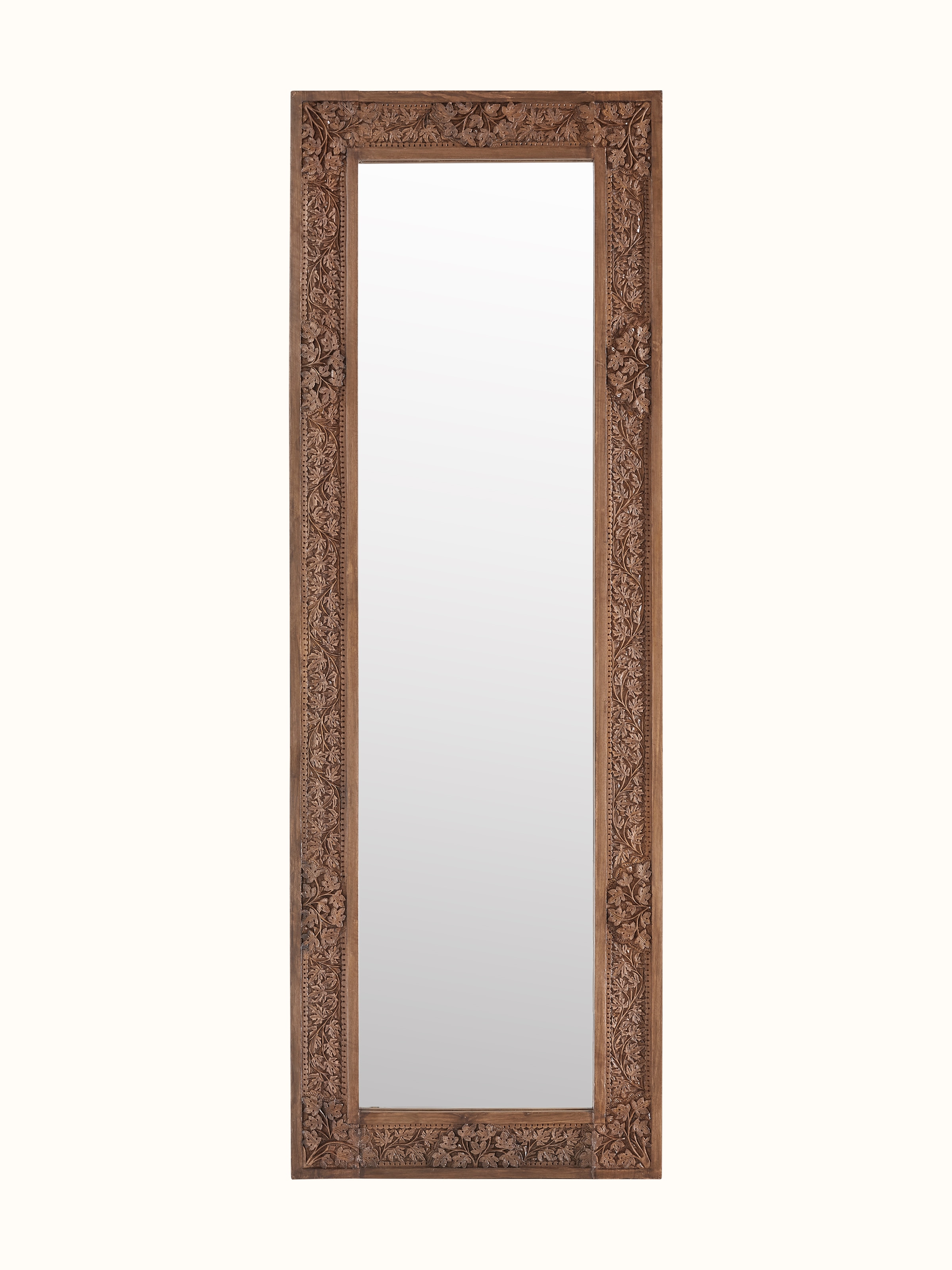 Front view of the carved walnut wood full-length mirror with a decorative glass frame.