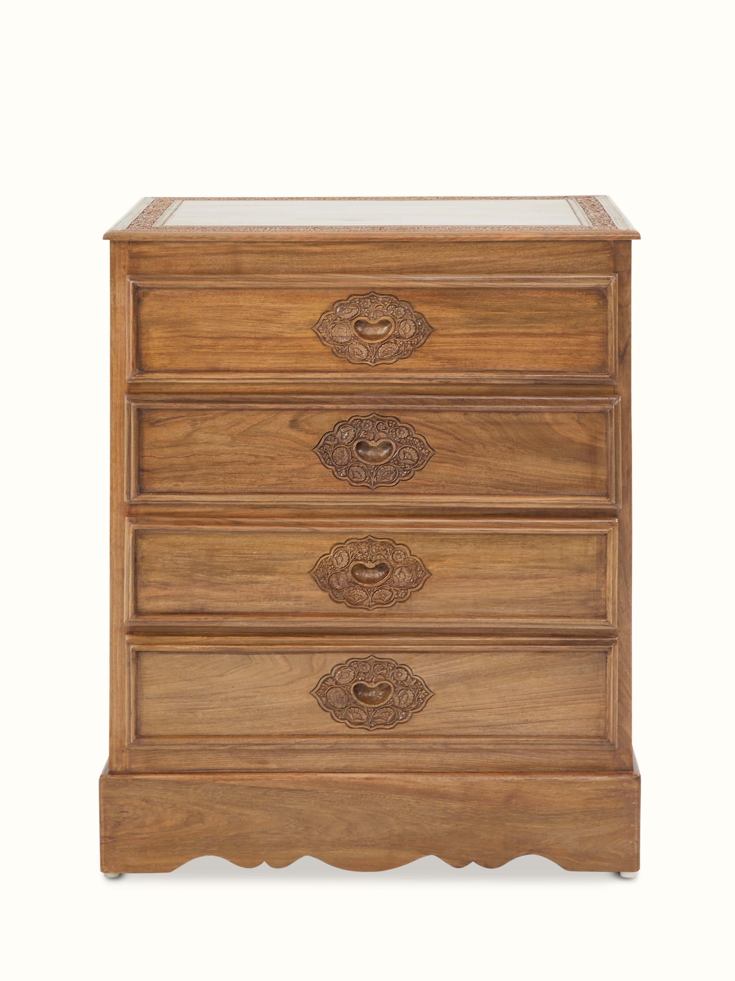 Front view of Carved Walnut Wood Drawer Chest, showcasing the intricate carvings and elegant design