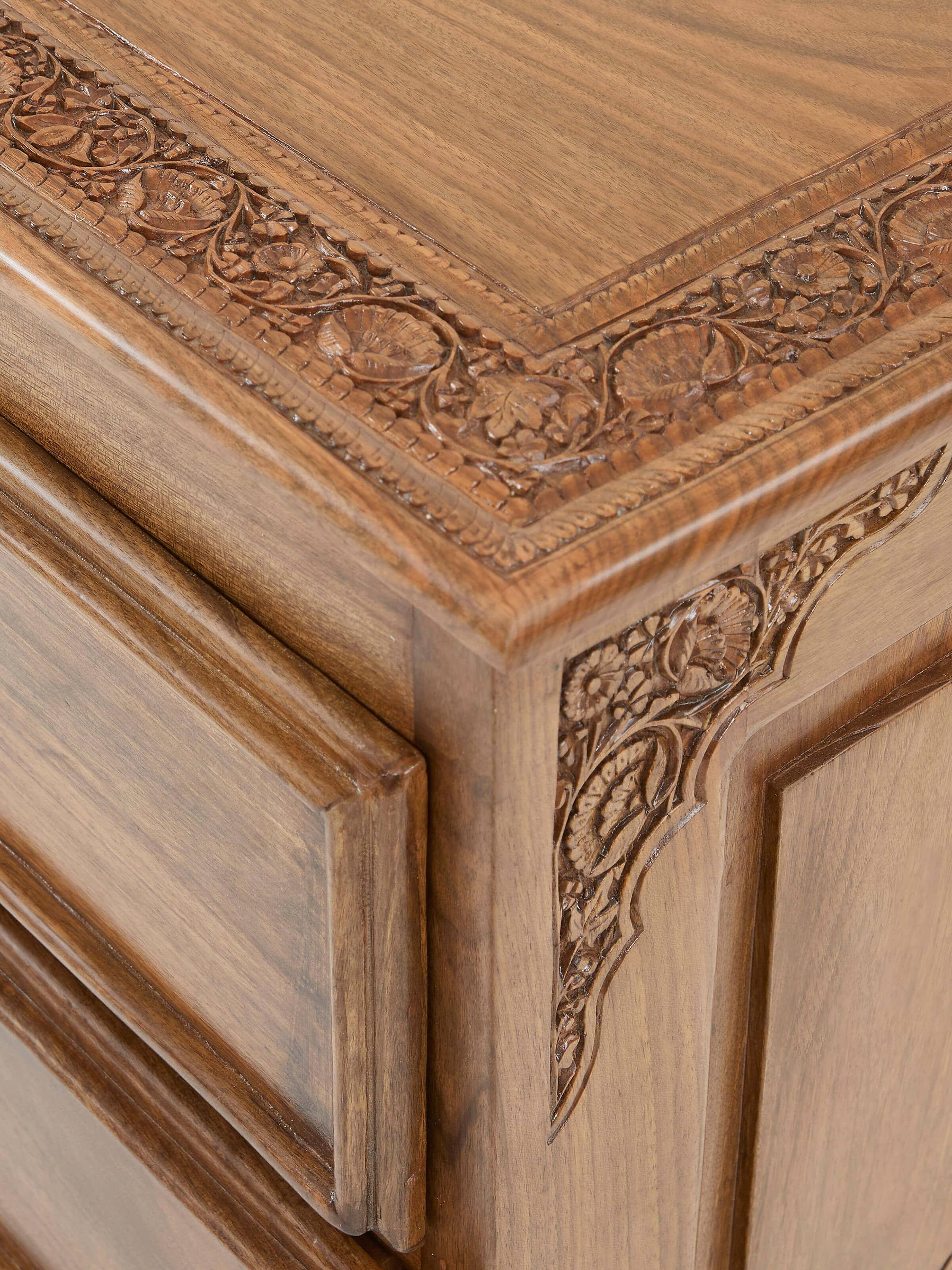 Top view of Carved Walnut Wood Drawer Chest, showing the surface and detailed carving