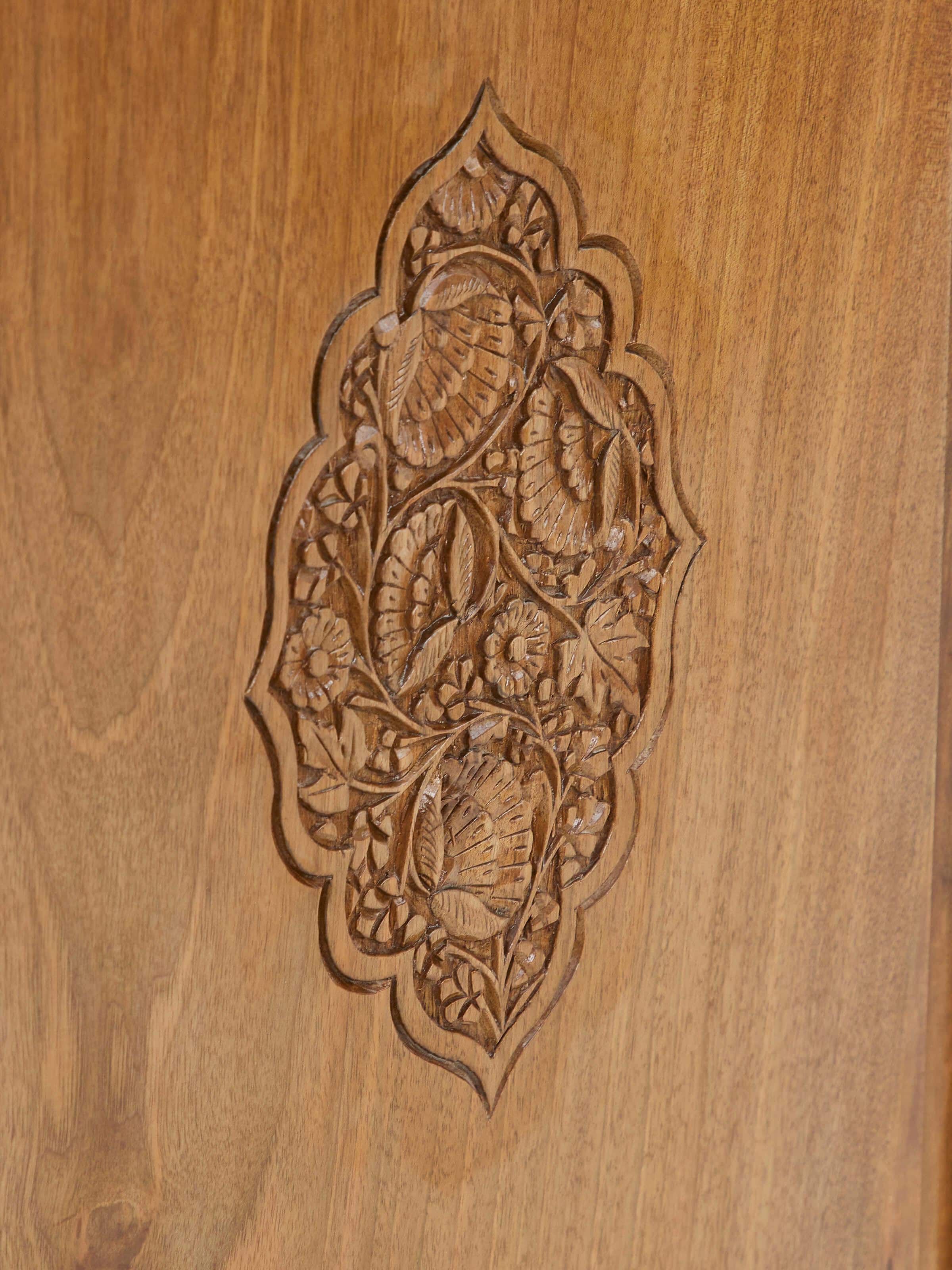 Angle view of Carved Walnut Wood Drawer Chest, highlighting the overall design and drawer handles