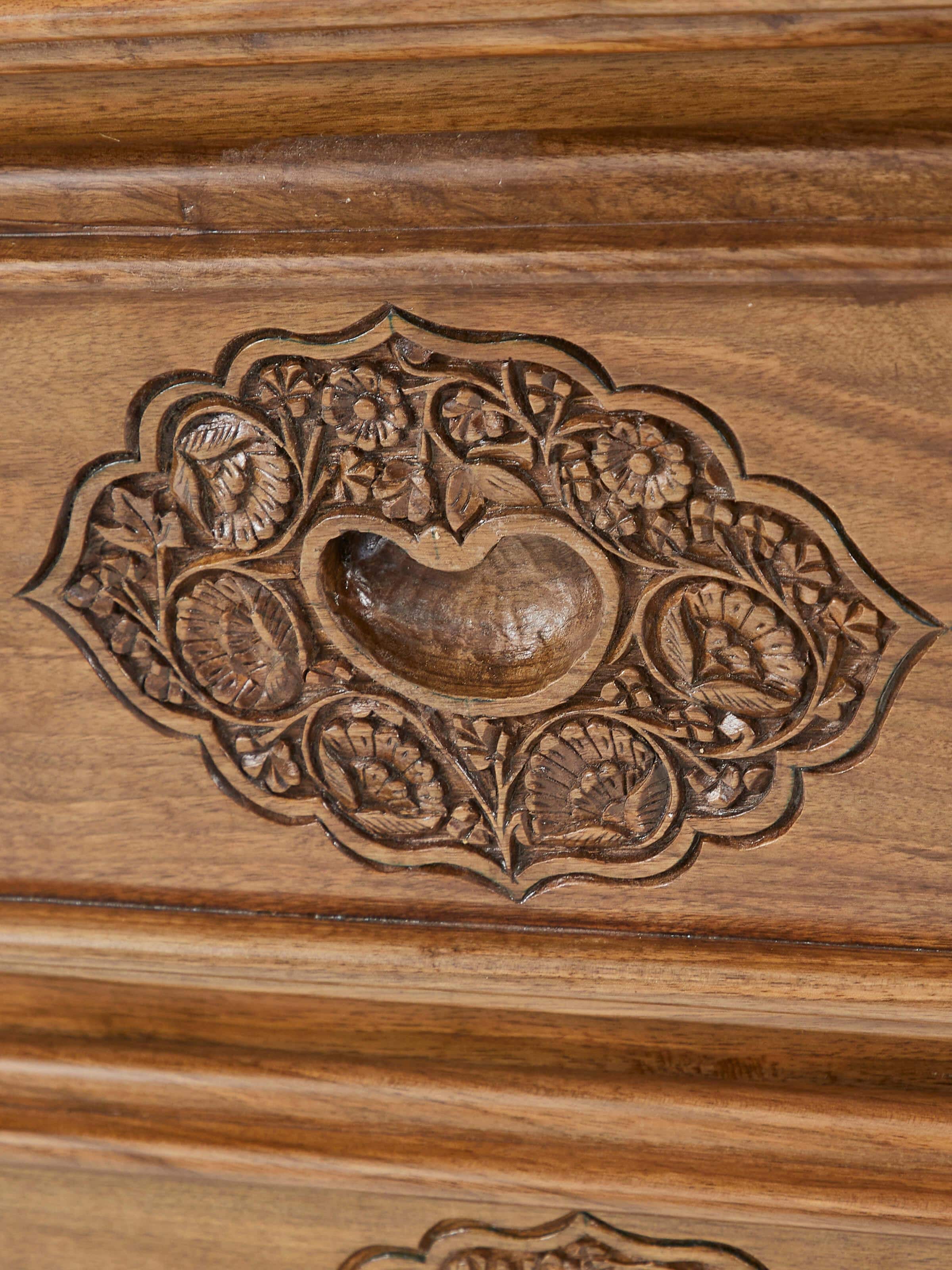 View of Carved Walnut Wood Drawer Chest with drawers open, displaying storage space