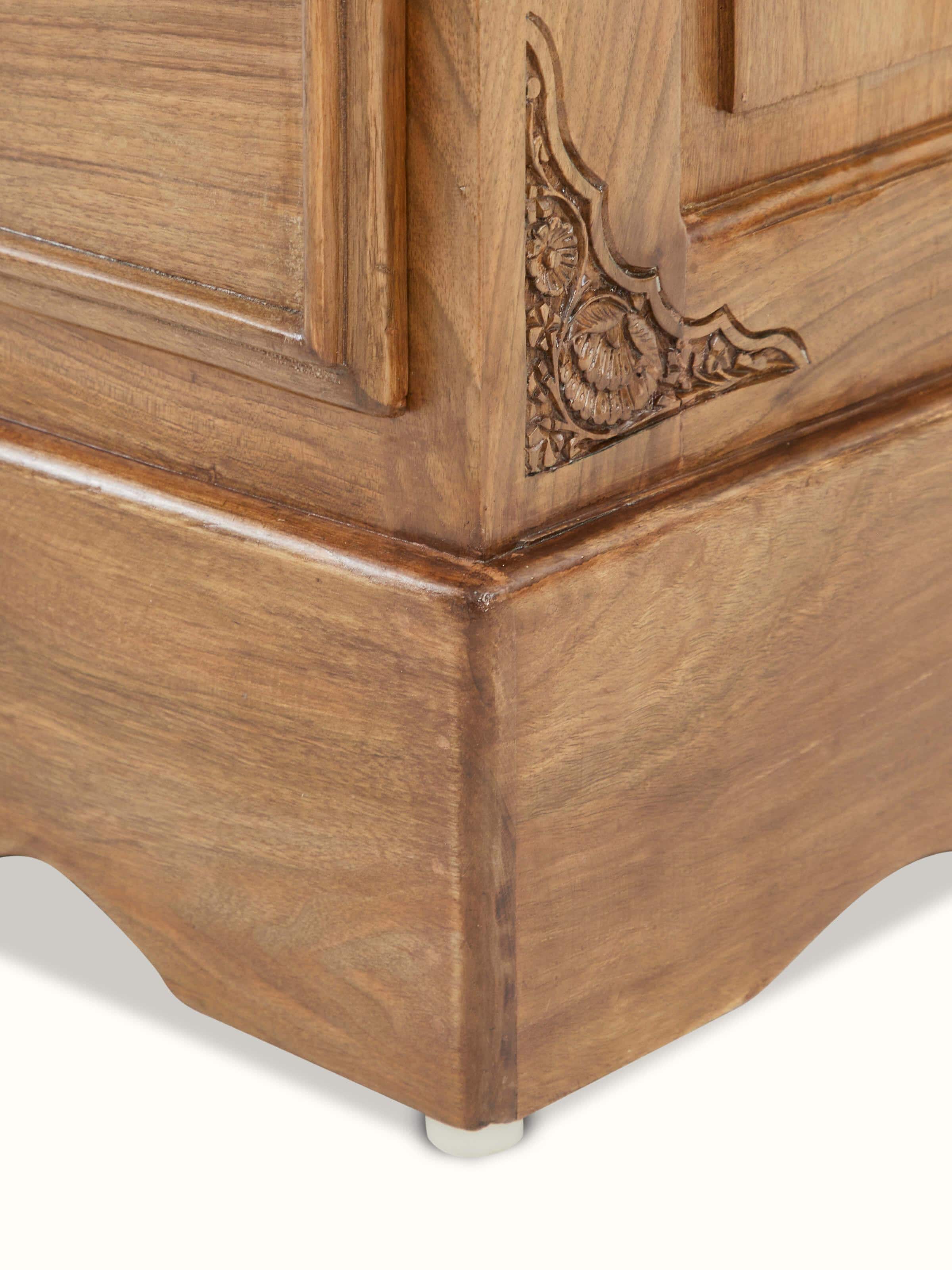 Close-up of the drawer pulls and details on Carved Walnut Wood Drawer Chest