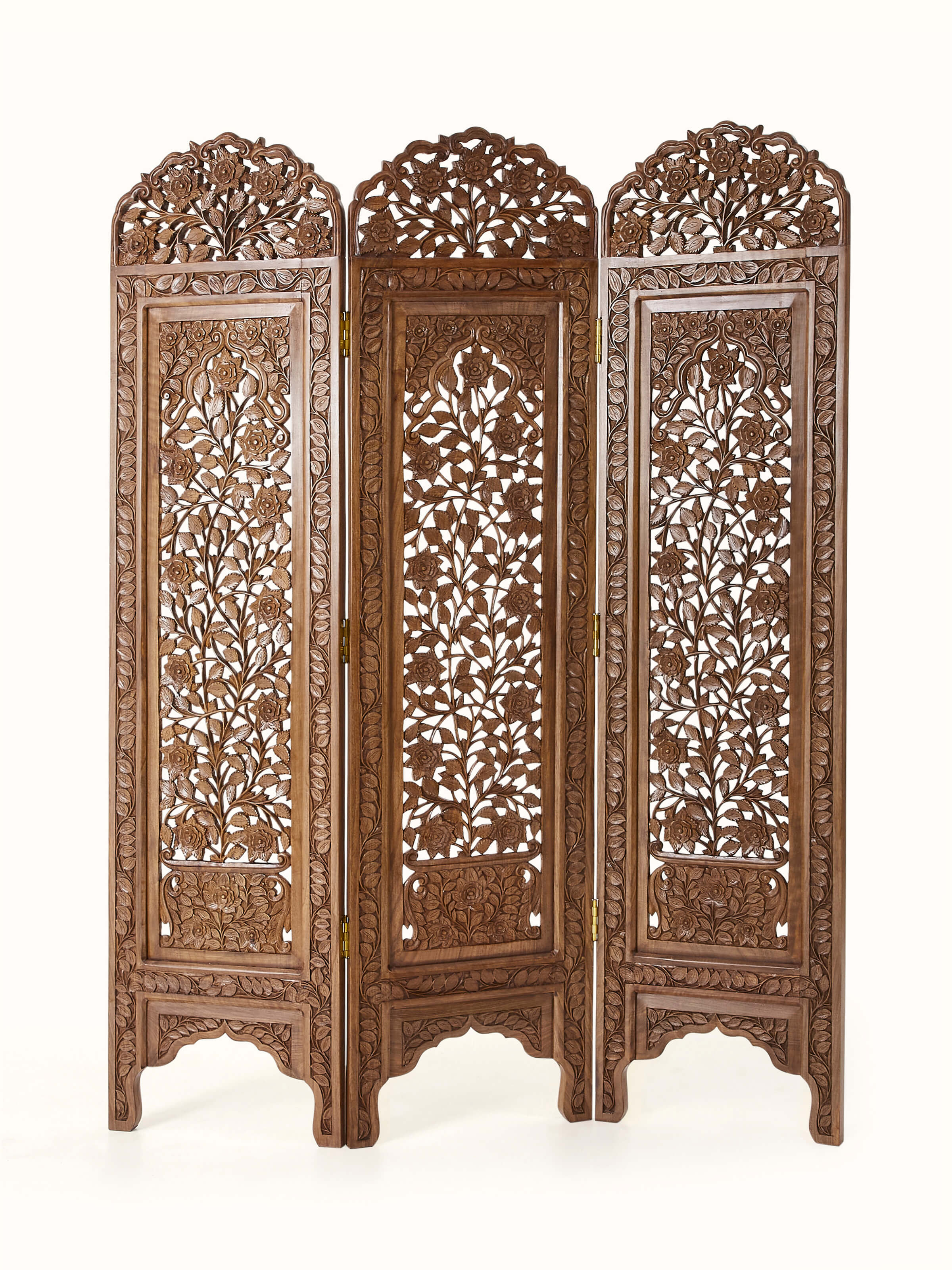 Front view of Carved Walnut Wood Partition Screen, showcasing intricate carvings and elegant design