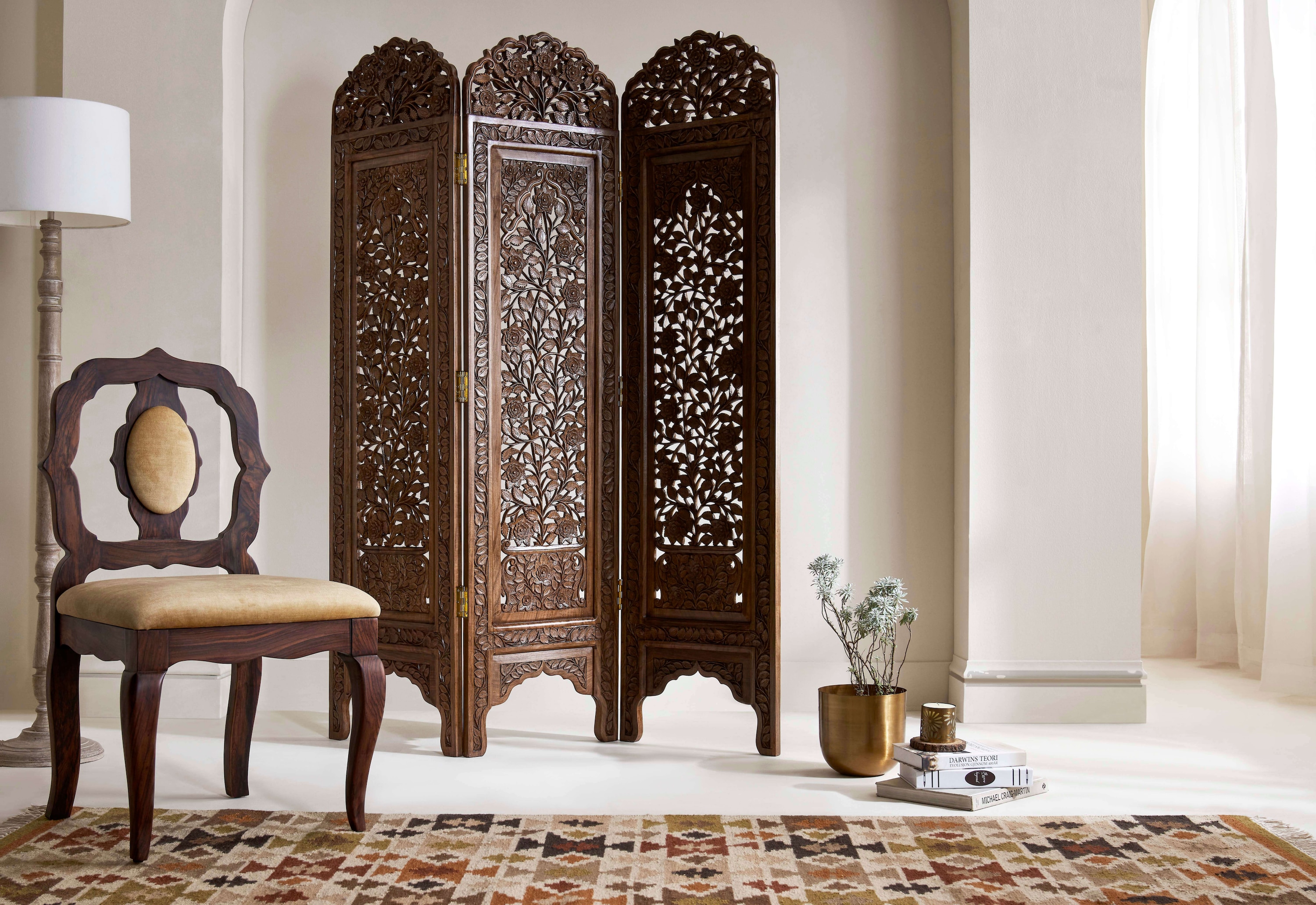 Side view of Carved Walnut Wood Partition Screen highlighting detailed woodwork and craftsmanship