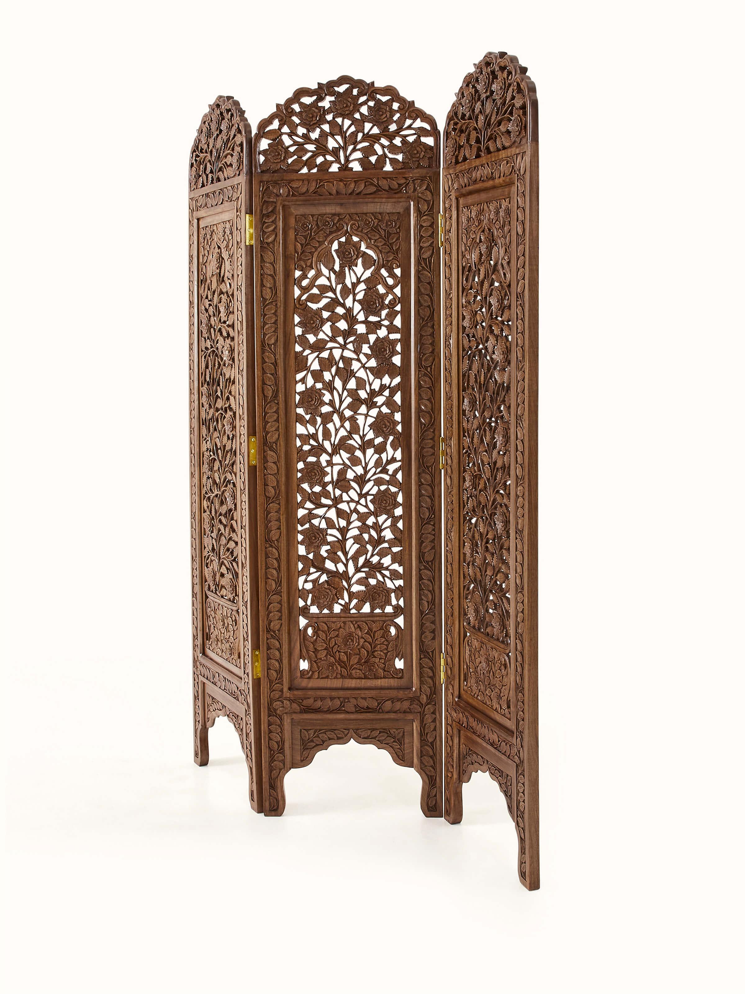 Angled view of Carved Walnut Wood Partition Screen focusing on the ornate carvings and panel structure