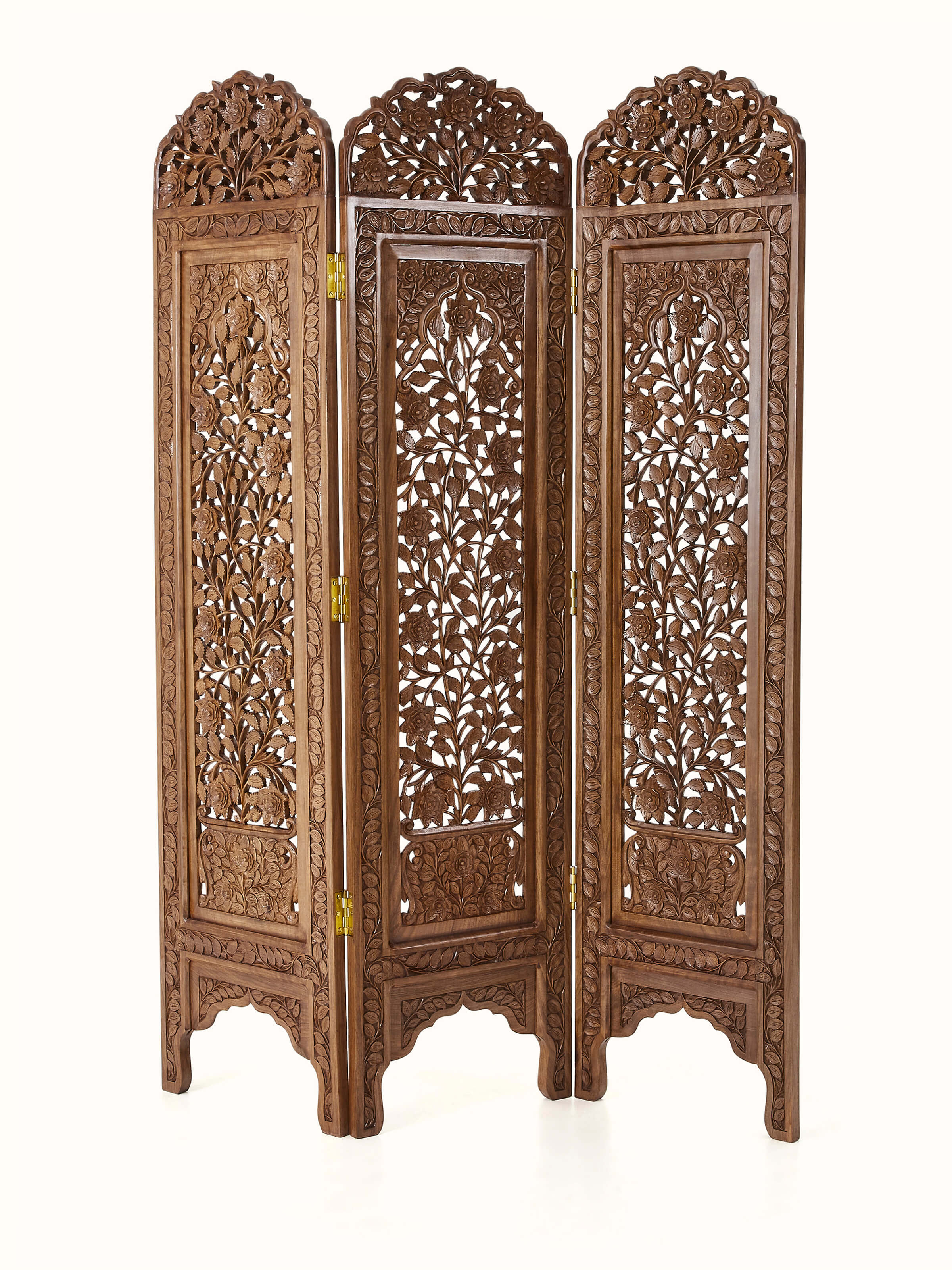 Artistic view of Carved Walnut Wood Partition Screen highlighting the elegant carved patterns and textures