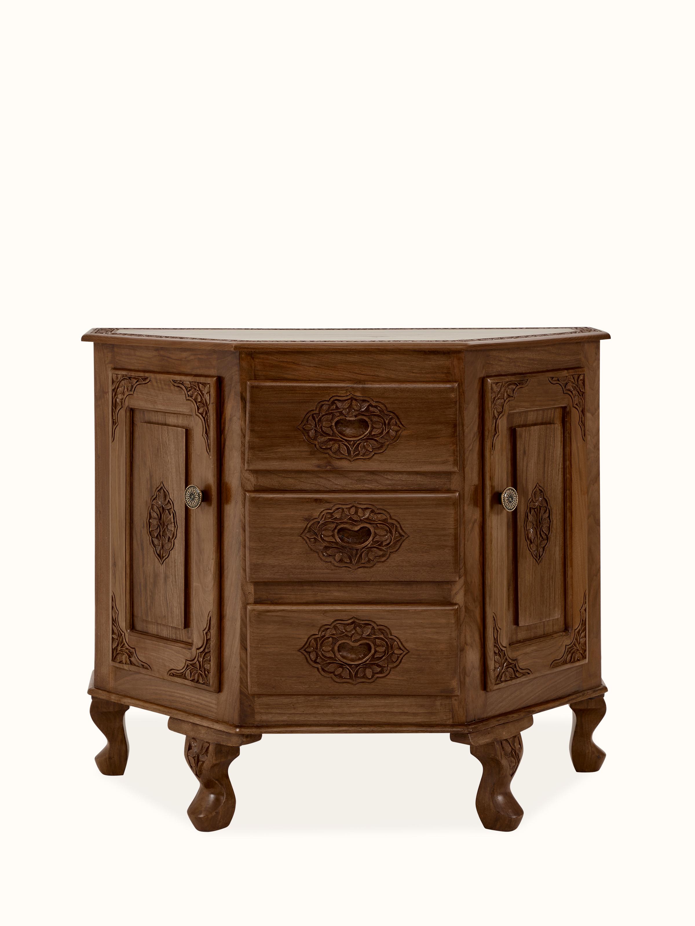 Front view of the natural finish carved walnut wood sideboard with three drawers, showcasing its elegant design