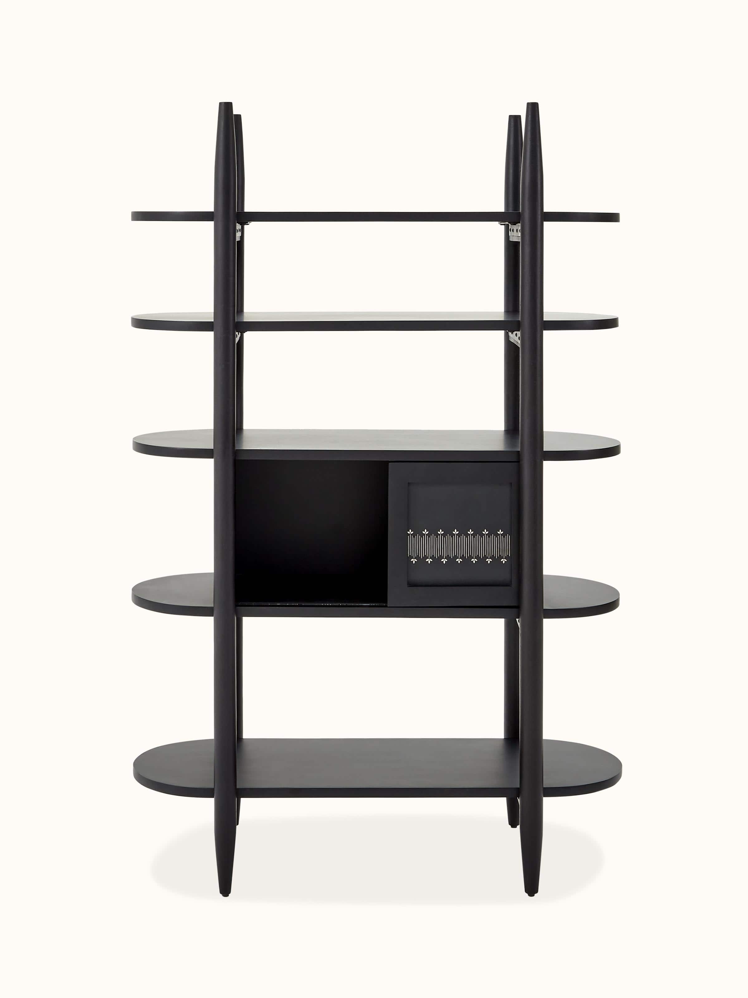 Front view of mango wood and metal bookshelf with Bidriware inlay