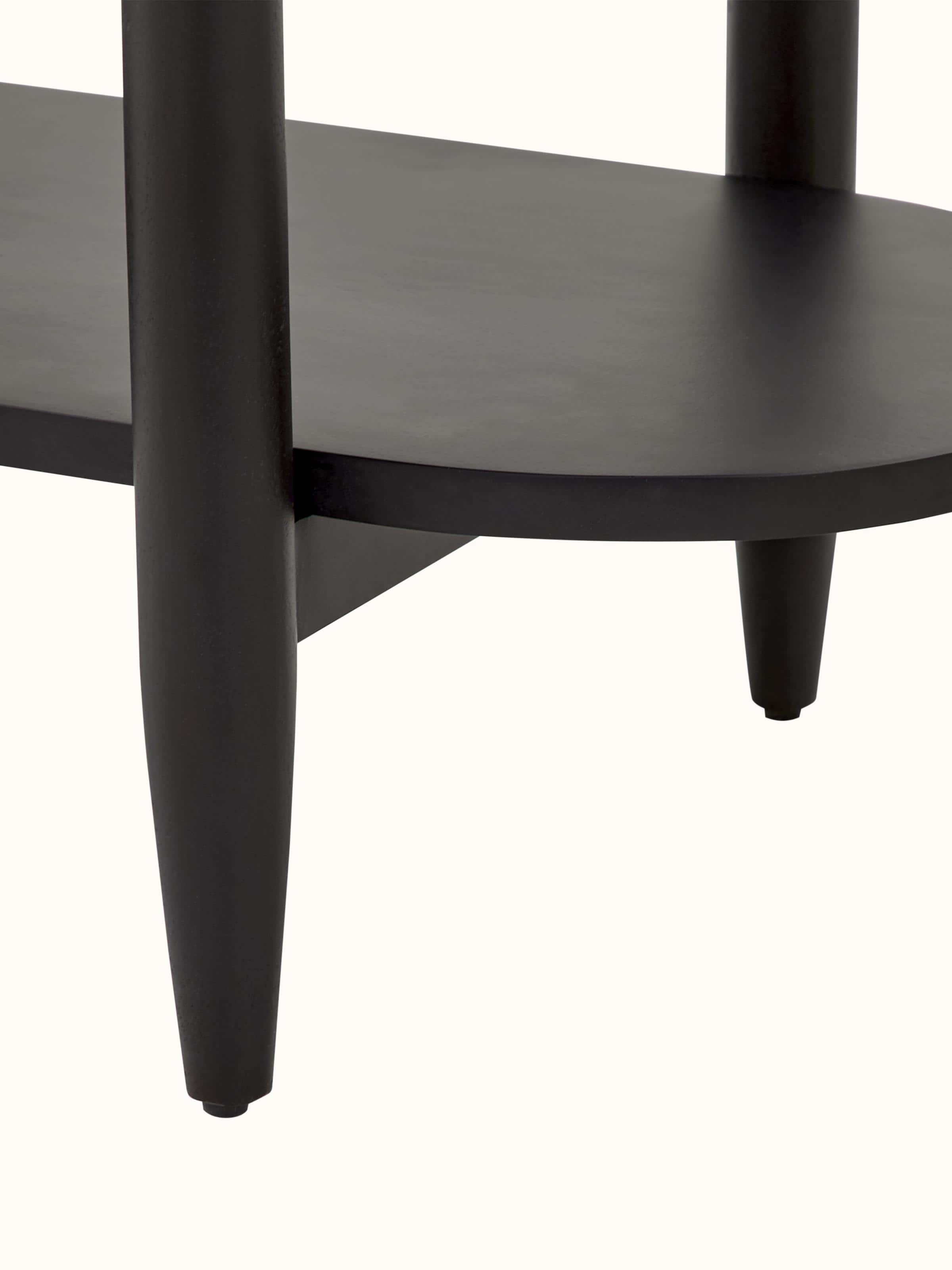 Angle view of the mango wood and metal bookshelf with Bidriware inlay