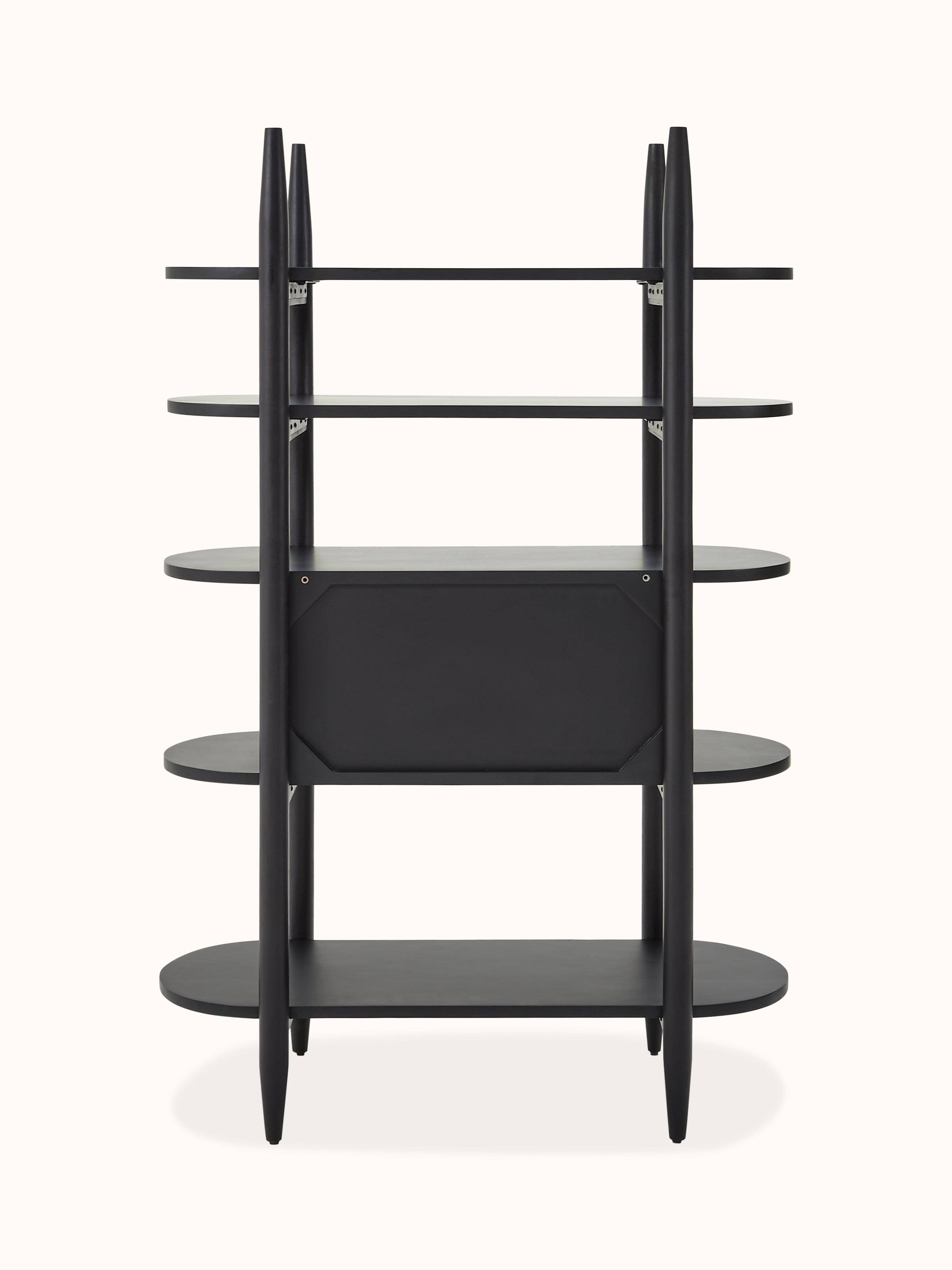 Overall view of the bookshelf highlighting the mango wood, metal, and Bidriware elements