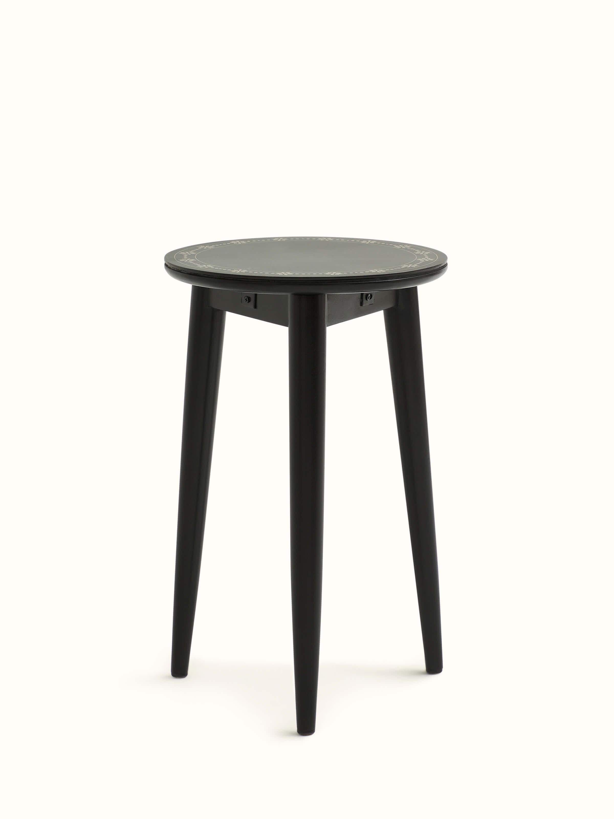 Front view of Swadesh Mango Wood Bidri Side Table highlighting its traditional Bidri work and mango wood craftsmanship