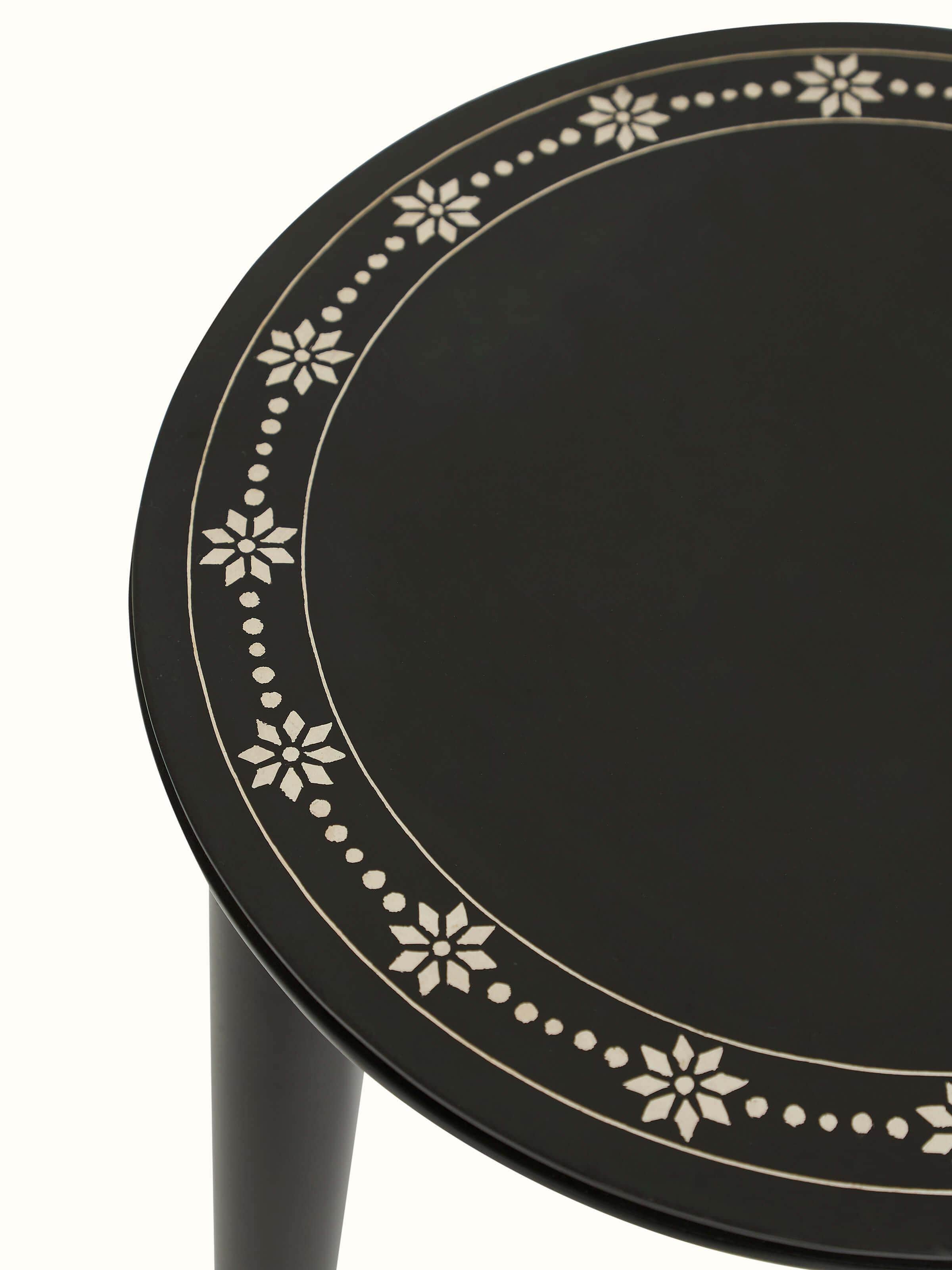 Detailed close-up of Swadesh Mango Wood Bidri Side Table showcasing the intricate Bidri artwork and smooth finish